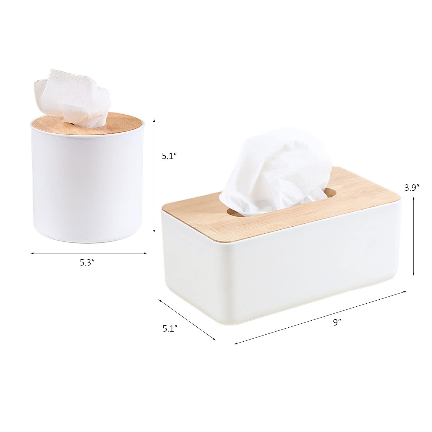 2 Pack Bamboo Tissue Box Holder - Rectangular & Round Wooden Tissue Box Cover for Facial Tissues & Napkins | Bathroom, Kitchen, Office Organizer | Durable & Stylish Home Decor Accessory for Living Room, Bedroom, and Desk