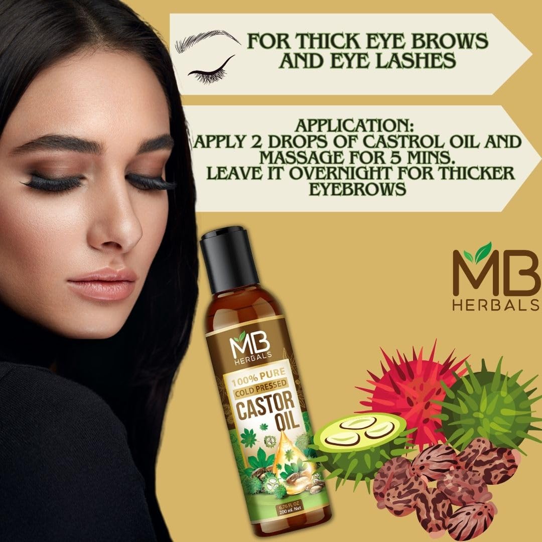 MB Herbals 100% Pure Cold Pressed Castor Oil for Hair Growth, Skin Care & Nail Strength - Natural Beard Growth Treatment - 200ml - Perfect for Daily Hair & Skin Routine, DIY Beauty Recipes & Eyelash Enhancement