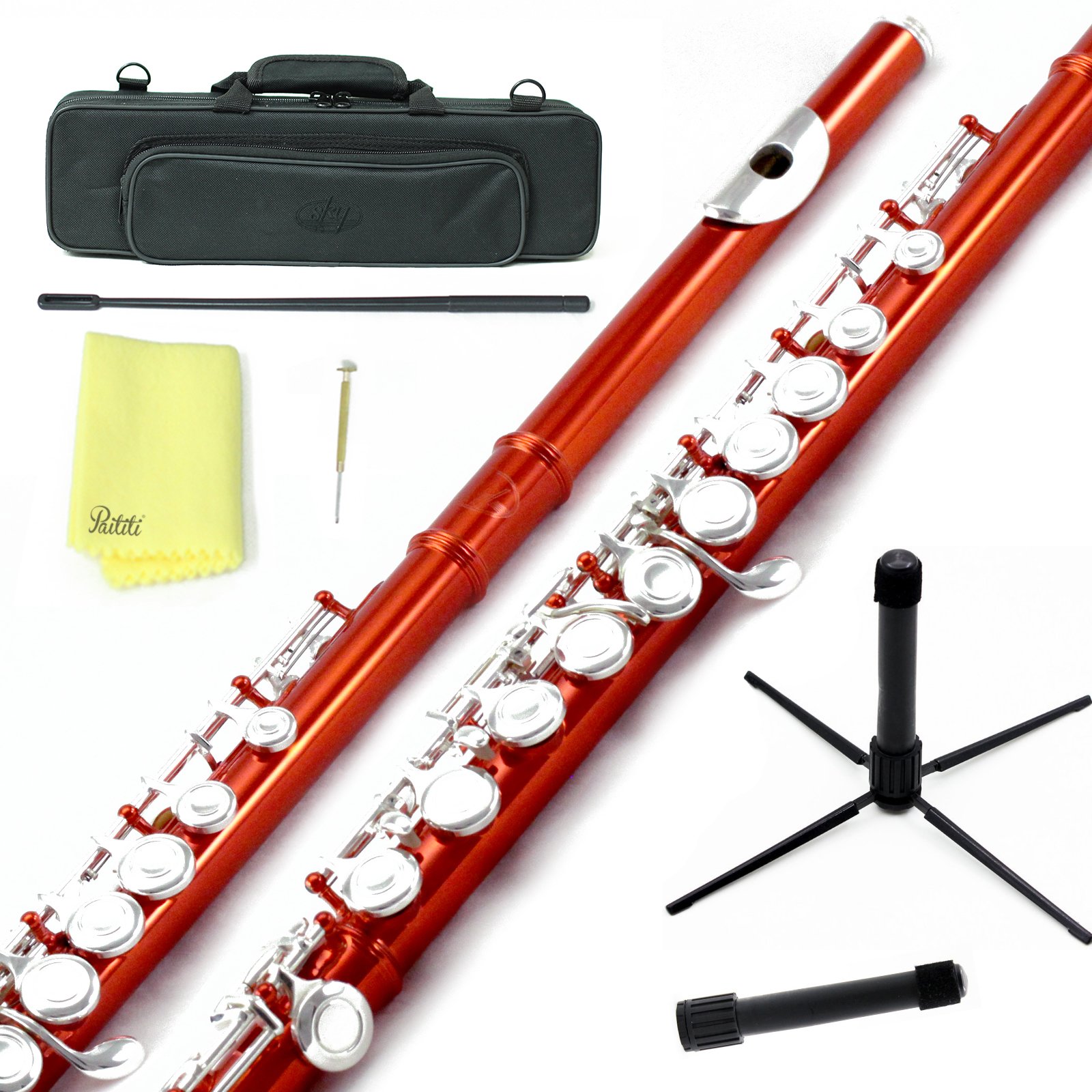 Professional Sky C Flute with Lightweight Case - Includes Cleaning Rod, Cloth, Joint Grease & Screwdriver (Red/Silver Closed Hole) - Perfect for Beginners, Students & Performers - Ideal for School Bands, Concerts & Practice Sessions