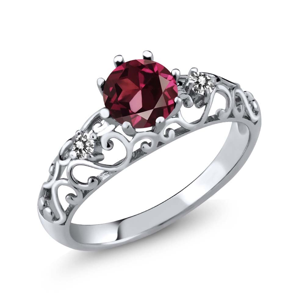1.12 Ct Round Red Rhodolite Garnet & White Diamond 925 Sterling Silver Ring for Women | Elegant Birthstone Jewelry Gift for Anniversary, Engagement & Special Occasions