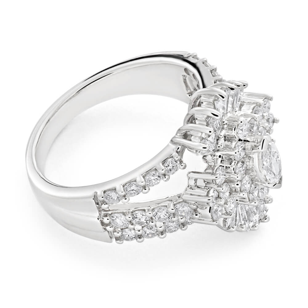 14K White Gold Diamond Ring with 2.00 Carat Marquise Cut Center Stone & Side Stones - Elegant Engagement, Wedding, or Anniversary Jewelry Gift