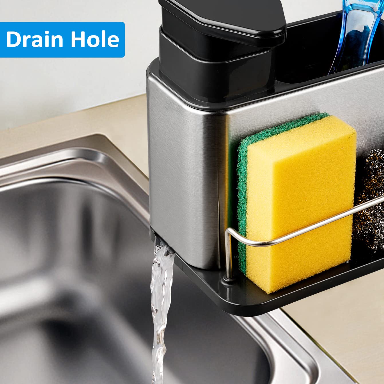 3-in-1 Stainless Steel Kitchen Sink Organizer - Soap Dispenser, Sponge Holder & Drainer Rack | Rustproof Countertop Organizer for Dishes & Brushes | Perfect for Small Kitchen Spaces & Modern Home Decor