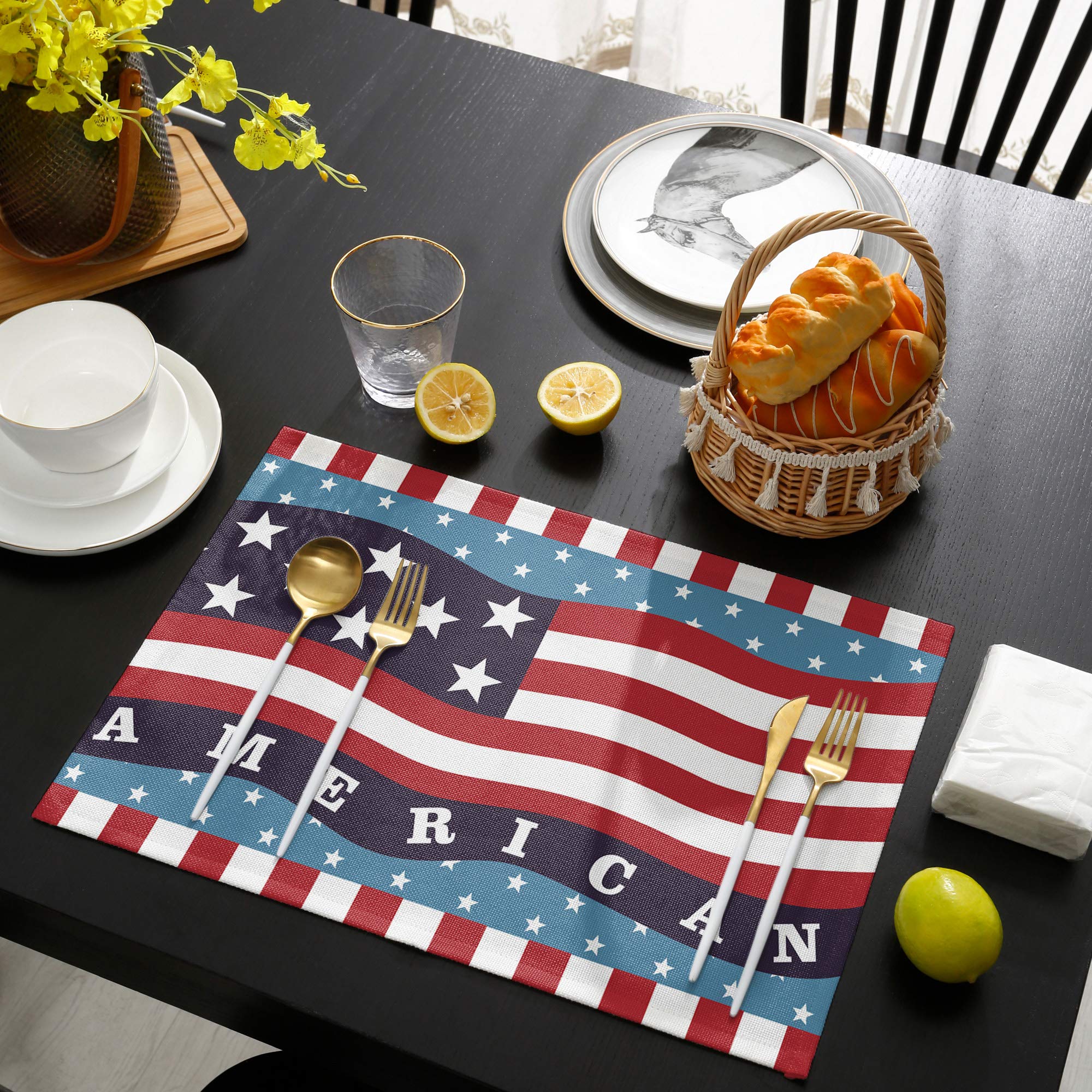 6-Pack American Flag Placemats - Heat-Resistant, Non-Slip & Washable Table Mats for Kitchen, Dining & Outdoor Use - Perfect for 4th of July, Patriotic Decor & Weddings
