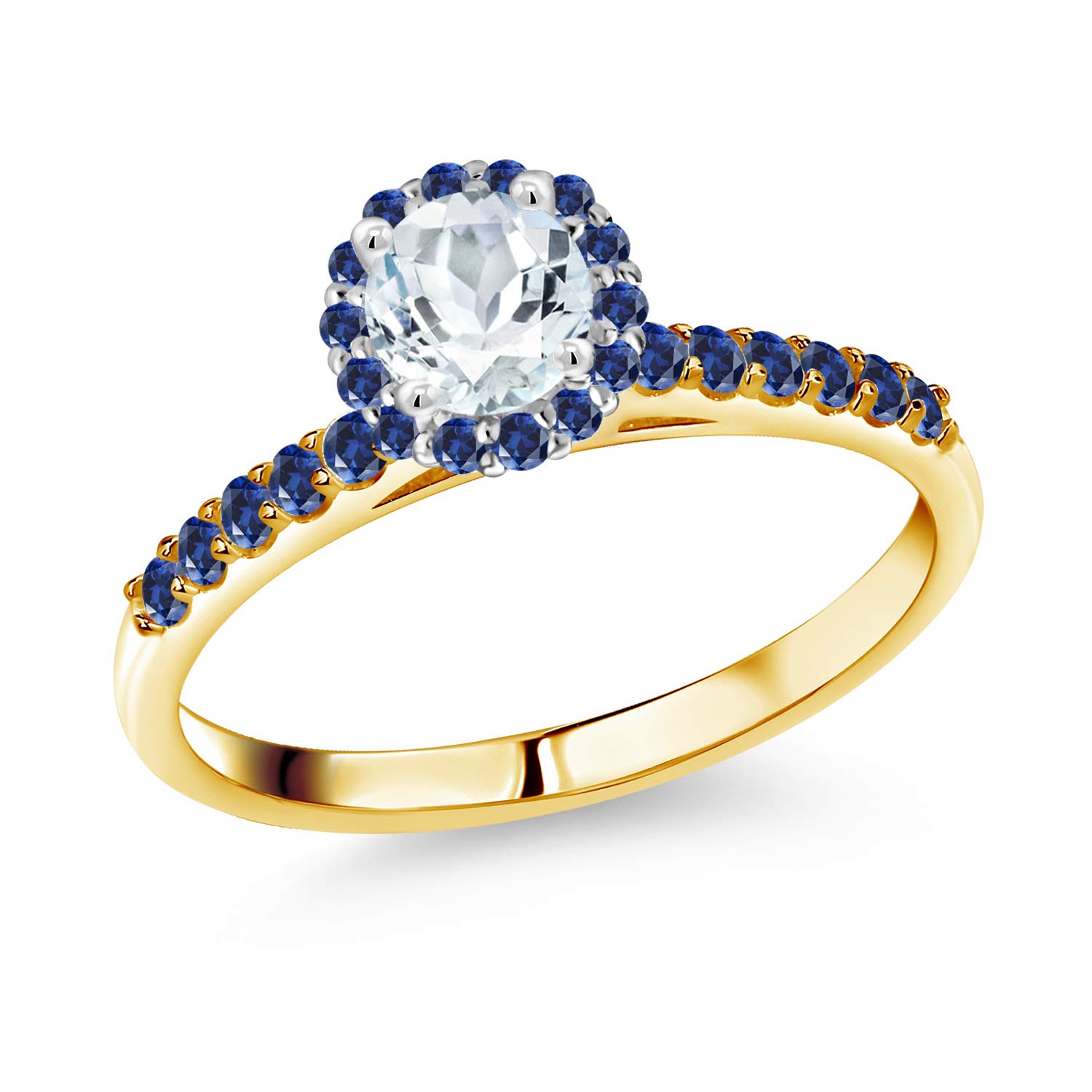 0.88 Ct Sky Blue Aquamarine & Created Sapphire 10K Yellow Gold Ring with White Gold Prongs - Gem Stone King | Elegant Jewelry for Weddings, Anniversaries & Special Occasions