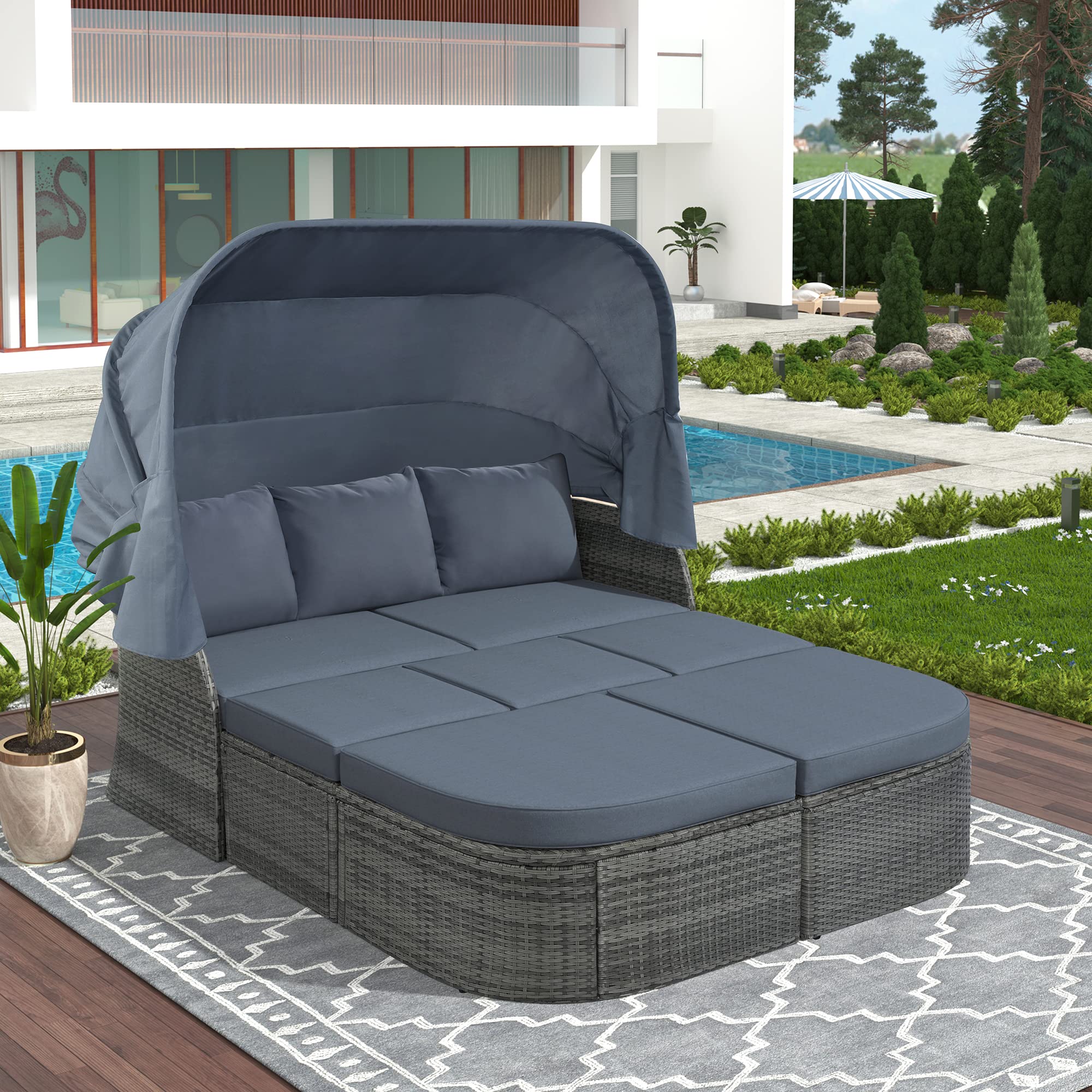 7-Piece Outdoor Wicker Daybed Set with Retractable Canopy & Lift-Top Coffee Table - Patio Sunbed Conversation Furniture for Backyard, Porch, Poolside Relaxation (Grey) | Perfect for Lounging, Sunbathing and Outdoor Entertaining