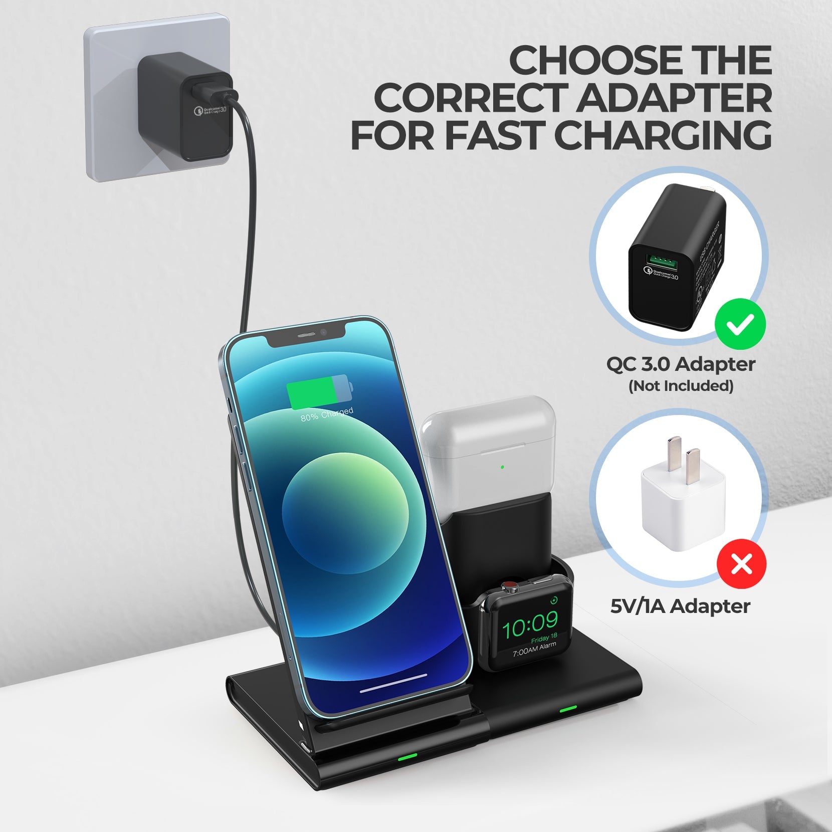 3-in-1 Wireless Charging Stand for iPhone, Apple Watch & AirPods - Fast Charging Station with Nightstand Mode for Bedroom, Office & Travel