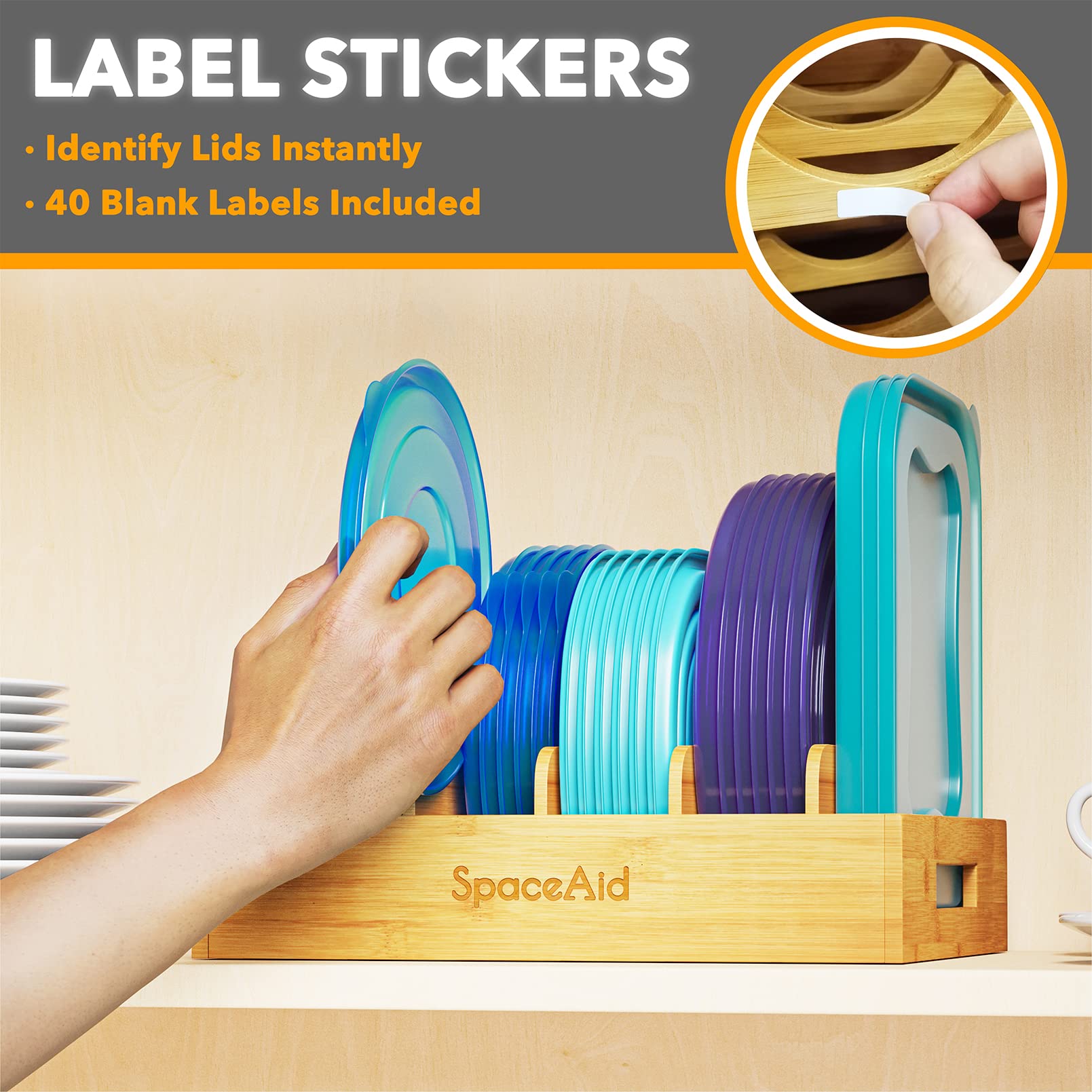SpaceAid Bamboo Lid Organizer - 5 Adjustable Dividers Kitchen Cabinet Organizer for Food Storage Containers | Pantry & Cabinet Organization Solution for Pots, Pans & Plastic Container Lids