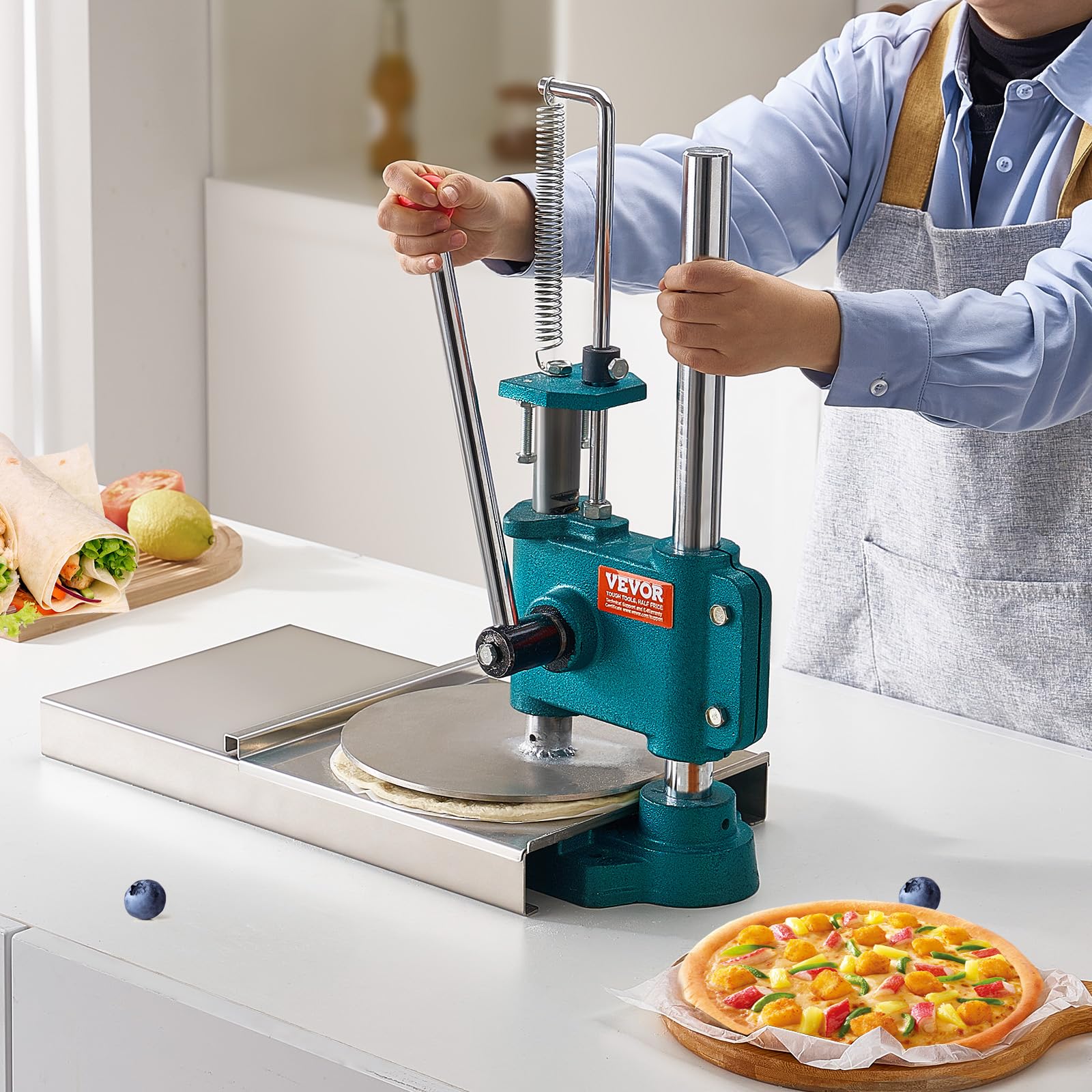 VEVOR 9.5 Inch Stainless Steel Pizza Dough Press Machine - Adjustable Height for Perfect Homemade Pizza, Chapati & Crust - Commercial & Home Kitchen Use for Restaurants, Pizzerias & Baking Enthusiasts