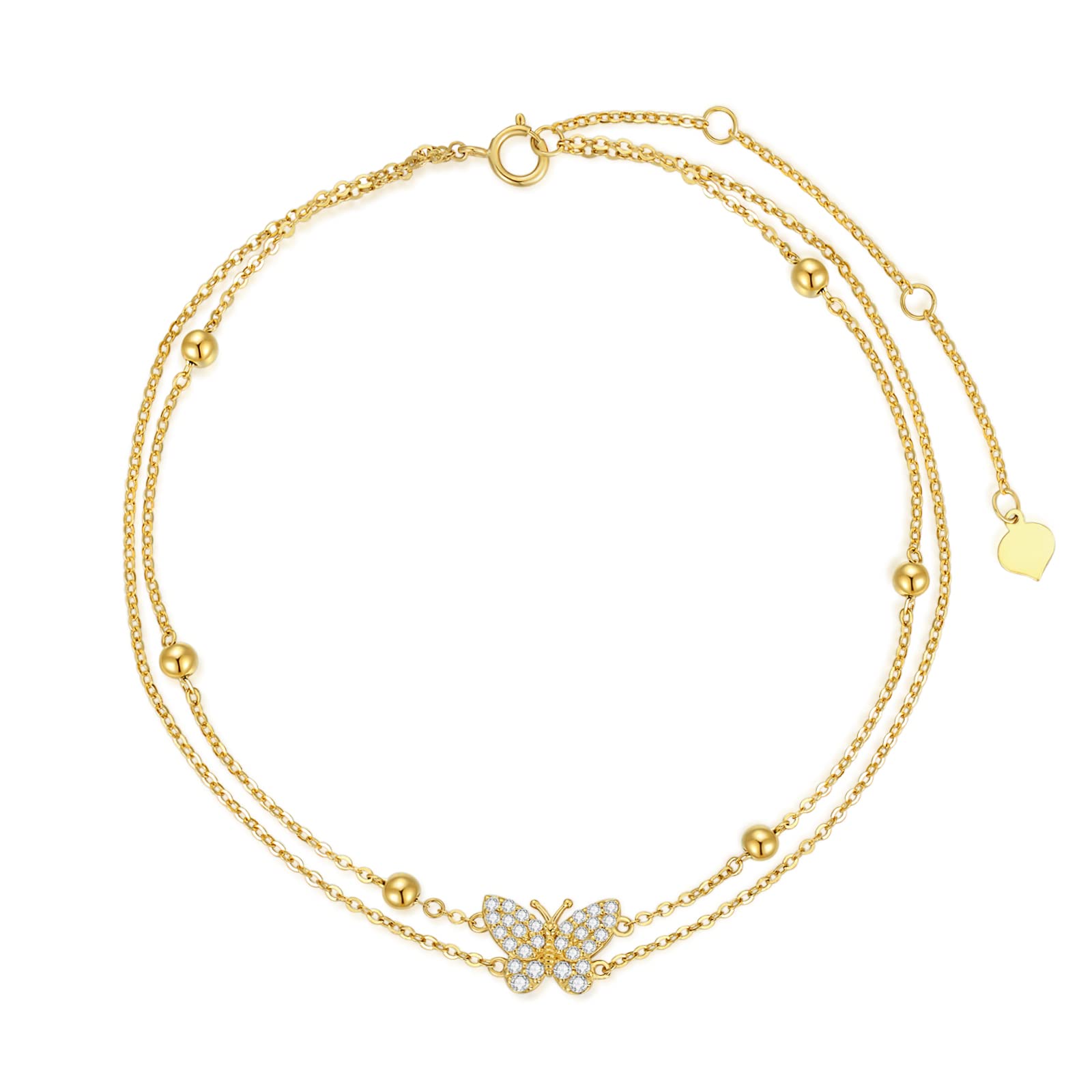 14K Solid Gold Butterfly Anklet Bracelet for Women - Real Gold Layered Beach Foot Chain - Elegant Fine Jewelry Gift for Wife, Mom, Anniversary, Birthday - 8