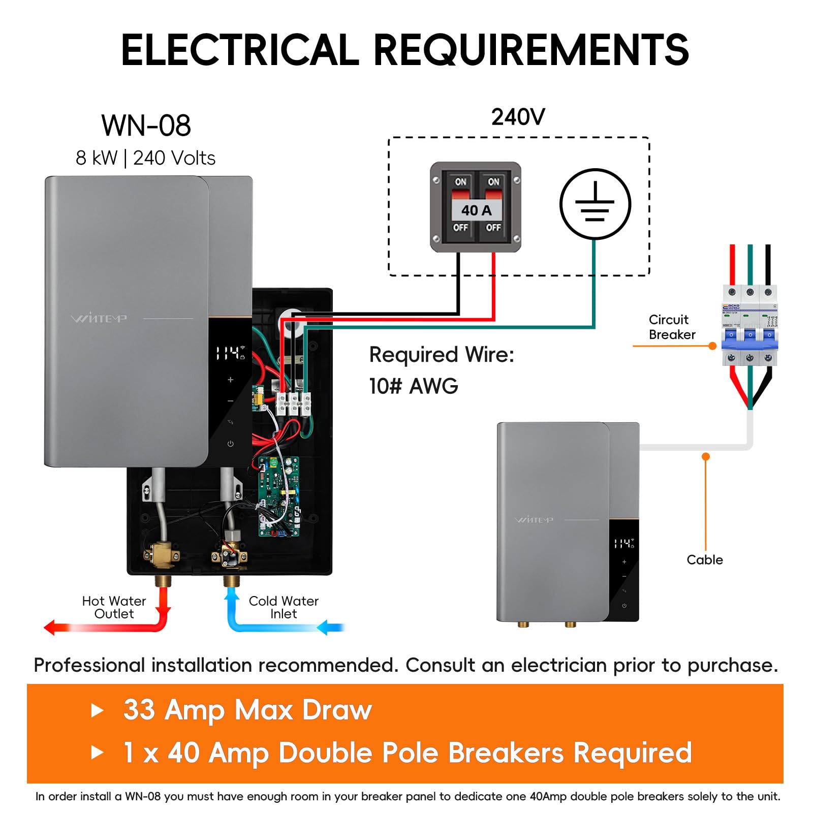 8KW 240V Tankless Electric Water Heater - On-Demand Instant Hot Water with WiFi Control & LED Display | Energy Efficient, Space-Saving Design by WINTEMP | Perfect for Homes, Apartments, RV & Off-Grid Living