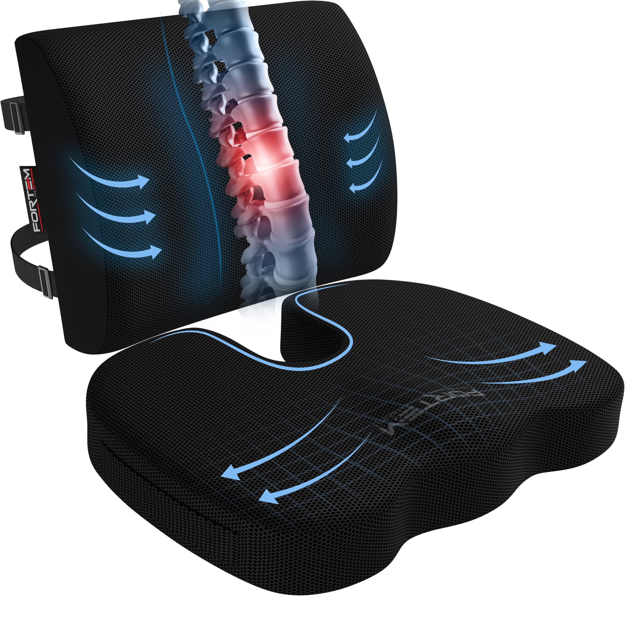 FORTEM Memory Foam Office Chair Cushion with Lumbar Support - Non-Slip Seat & Back Cushion for Office, Gaming & Car Seats - Ergonomic Comfort for Long Hours Sitting at Work, Home or Driving