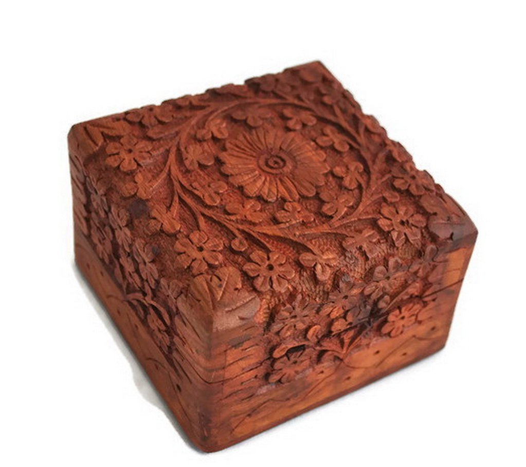 Hand Carved Rosewood Jewelry Box from India - Artisan Crafted Traditional Design with Unique Carvings | Perfect for Gift Giving, Jewelry Storage & Home Décor