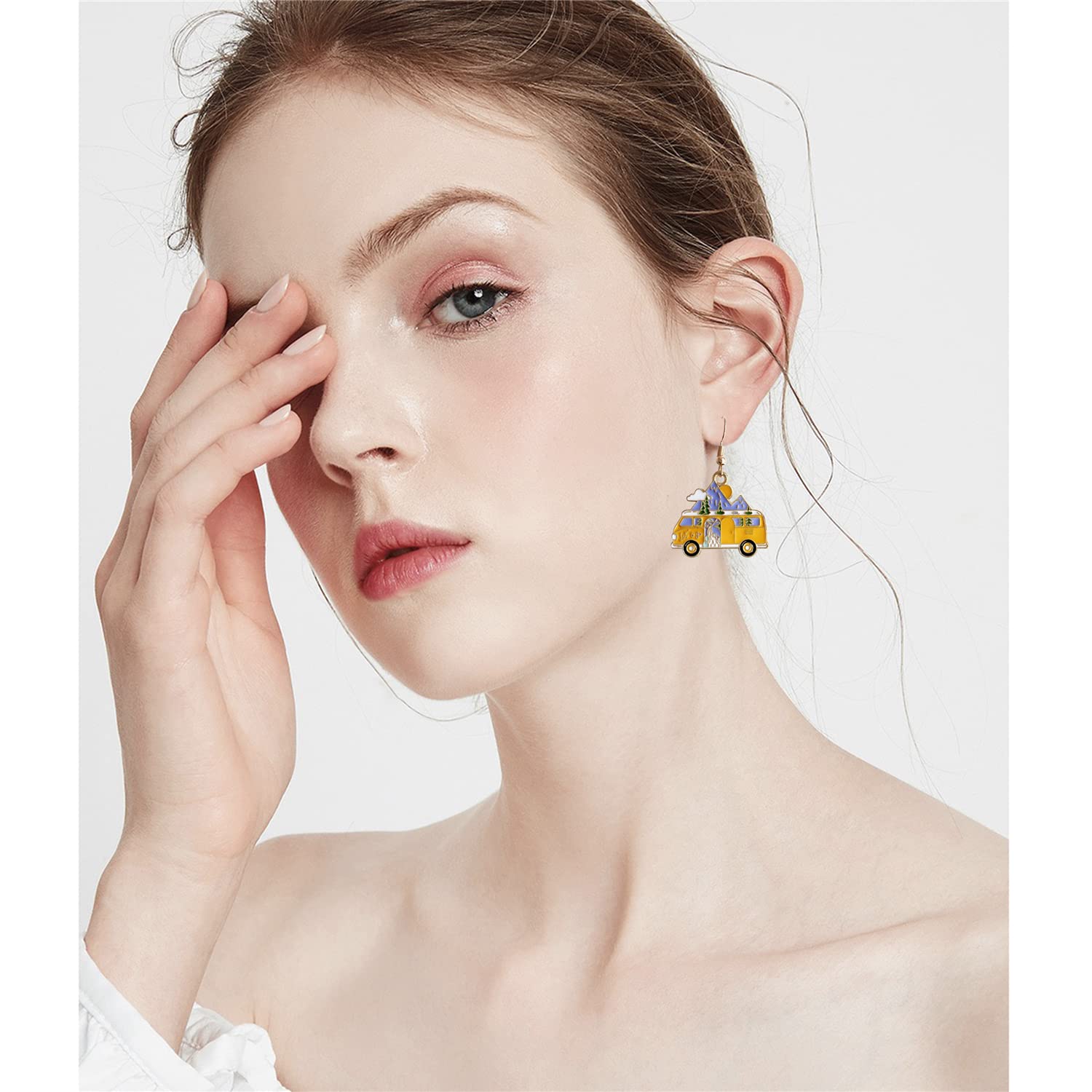 Sparkly Yellow Snow Bus Dangle Drop Earrings for Women - Unique Funny Creative Car Stud Earrings - Perfect Transportation-Themed Jewelry Gift for Christmas, Birthday & Travel Enthusiasts