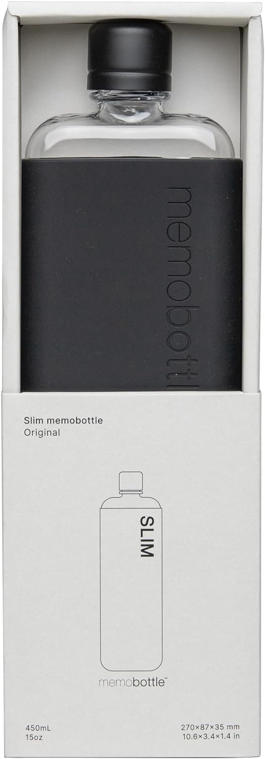 memobottle SLIM (Black Ink) Bundle - 15oz (450ml) BPA Free Tritan Water Bottle with Silicone Sleeve & Lid | Ultra Slim Flat Design for Backpacks, Laptops & Travel | Minimalist Reusable Bottle for Office, Gym & Outdoor Activities