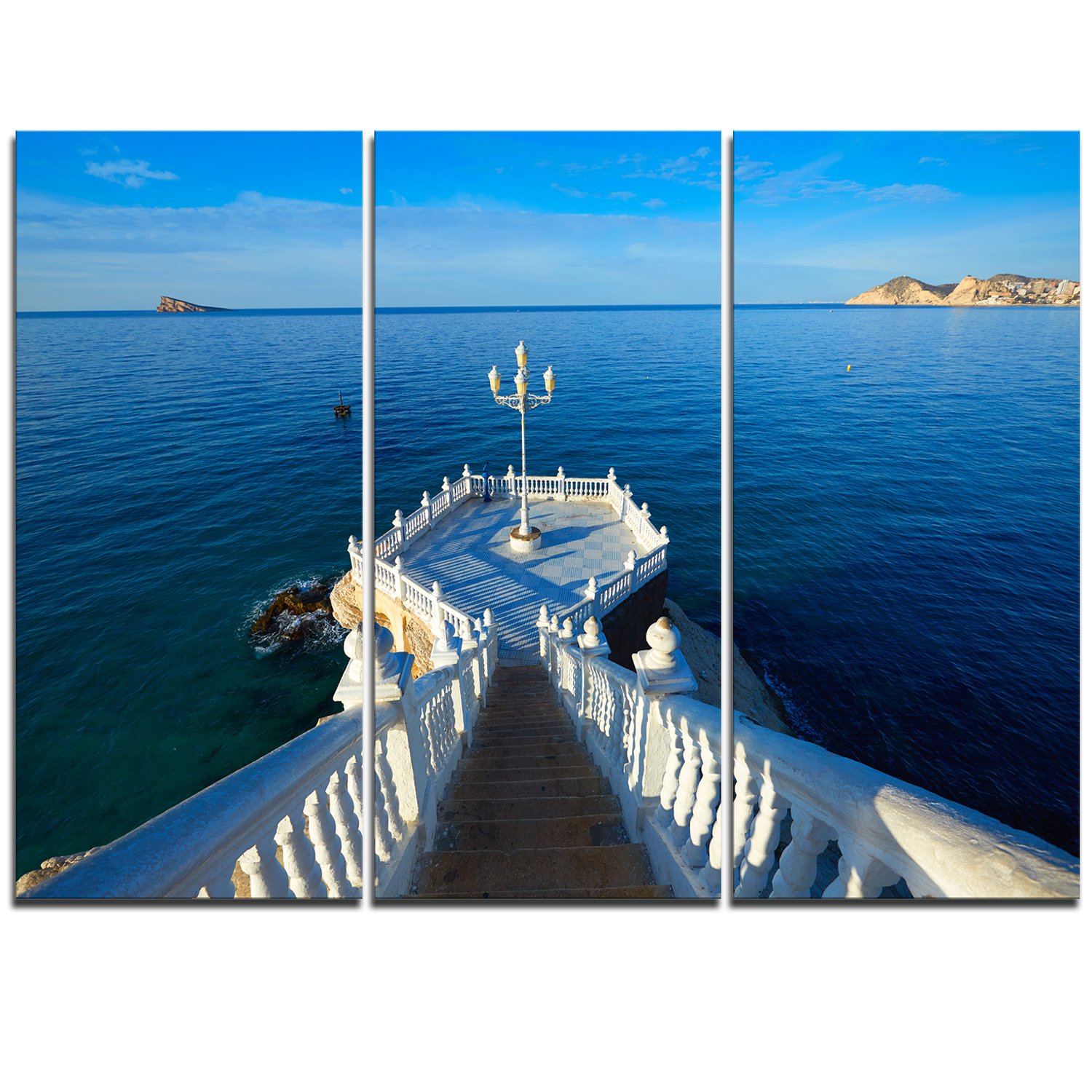 Designart Benidorm Mirador Del Castillo Lookout Point Coastal Seascape Canvas Wall Art - 3 Piece Multi-Panel Set (36x28 Inches) - Blue Ocean View Painting for Living Room, Bedroom & Office Decor