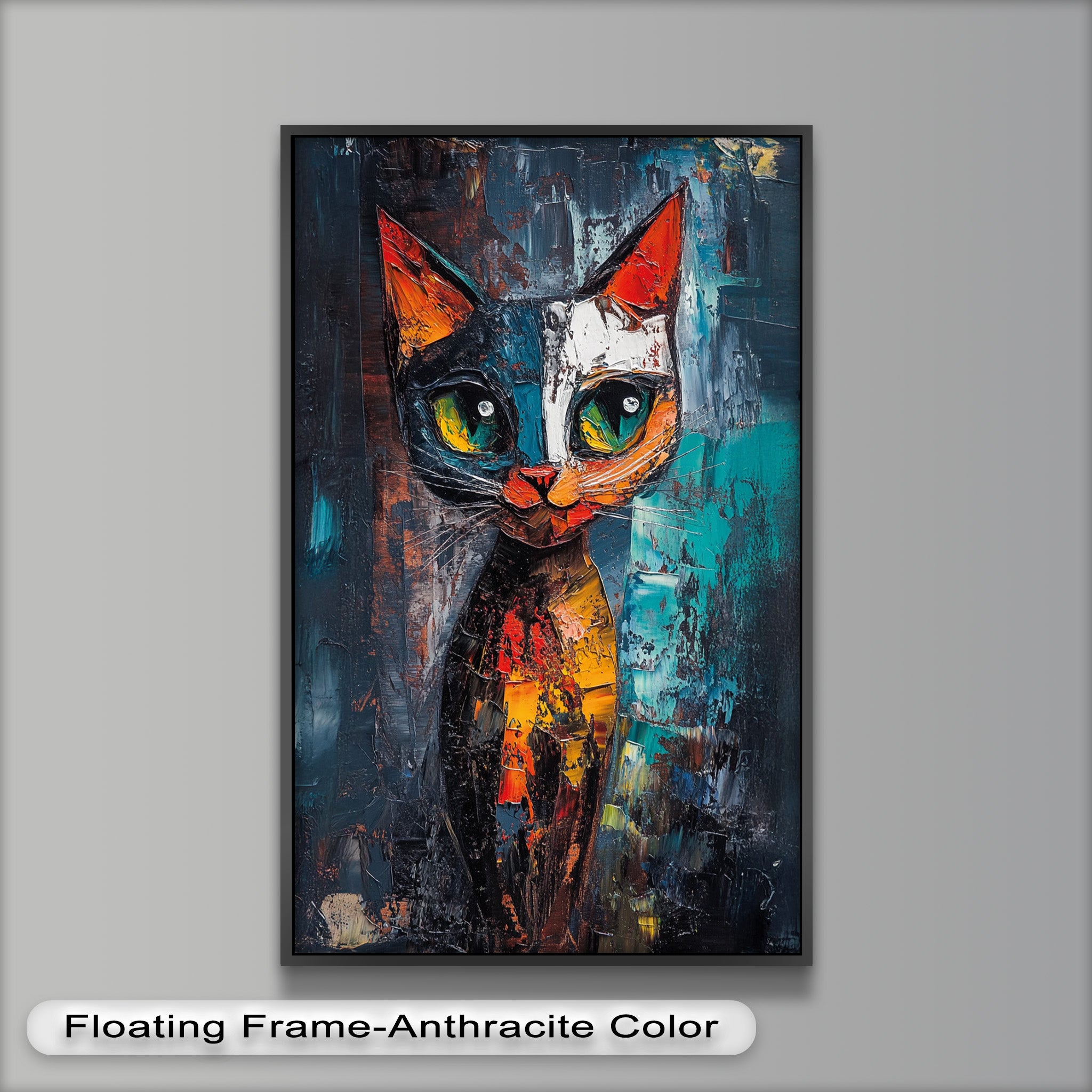 Abstract Cat Portrait with Neon Hues - Vibrant Animal Oil Painting Wall Art for Living Room, Bedroom & Office Decor