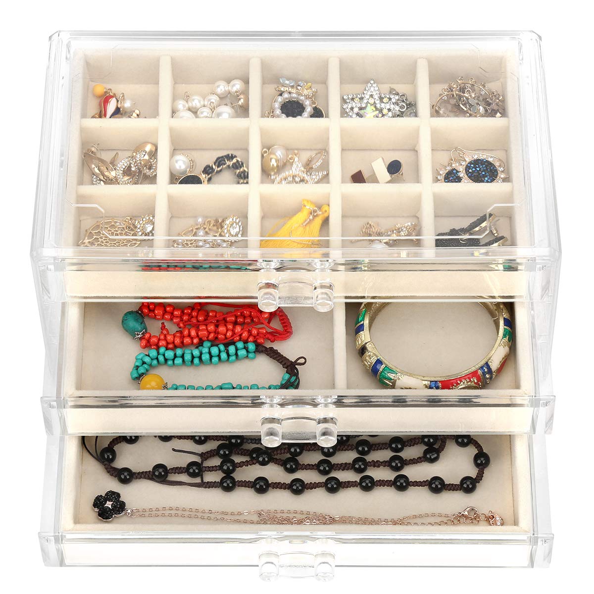 Acrylic Jewelry Organizer Box with 3 Drawers & Adjustable Velvet Trays - Clear Cosmetic Storage Case for Earrings, Rings & Makeup | Perfect for Vanity, Travel & Gift Giving
