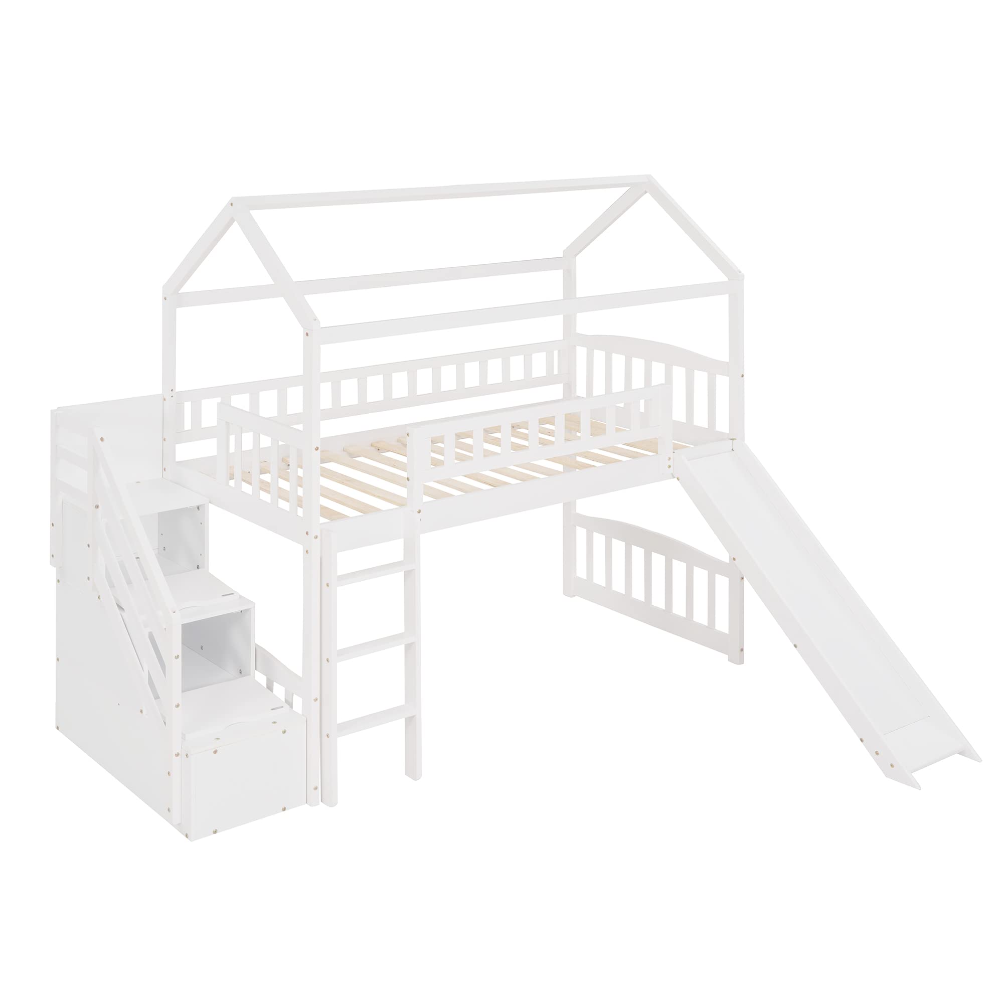 Kids Loft Bed with Slide & Storage Stairs - Twin Size Wooden House Bed Frame with Roof & Safety Guardrails for Boys, Girls & Teens (White) - Perfect for Small Bedrooms, Playrooms & Kids' Dream Spaces