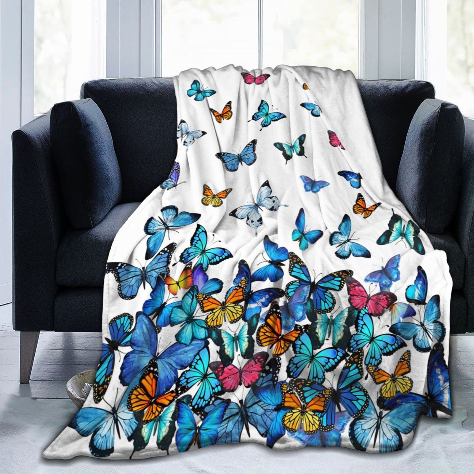 Blue Butterfly Blanket - Ultra Soft & Lightweight Cozy Throw Blanket for Bed, Couch, Sofa (60
