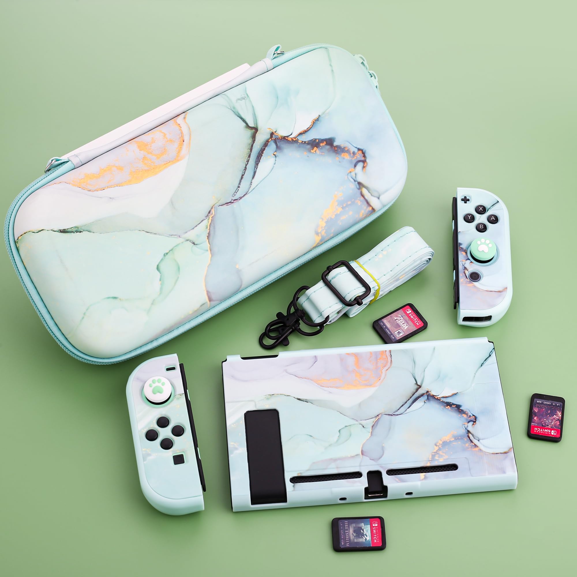Premium Hard Shell Travel Case for Nintendo Switch - Green Marble Protective Cover with Screen Protector, Adjustable Shoulder Strap & 2 Thumb Grips | Portable Storage Solution for Gaming On-The-Go, Commuting & Travel Accessories