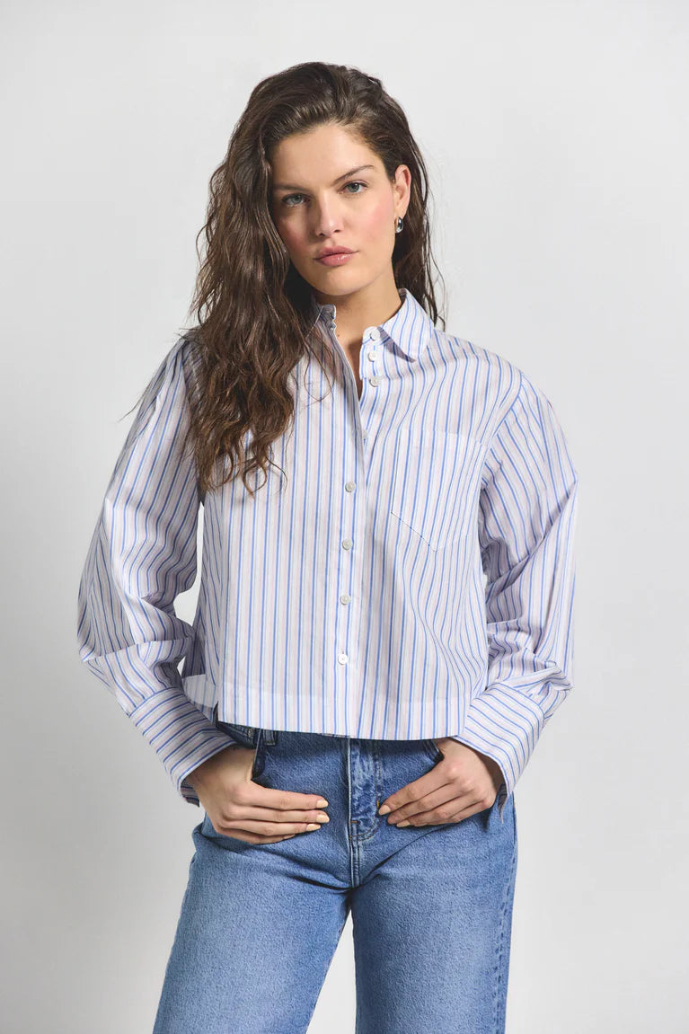 Estrella Striped Cropped Button Down Shirt - Blue Multi Color Women's Casual Top for Summer Outfits & Beach Vacations