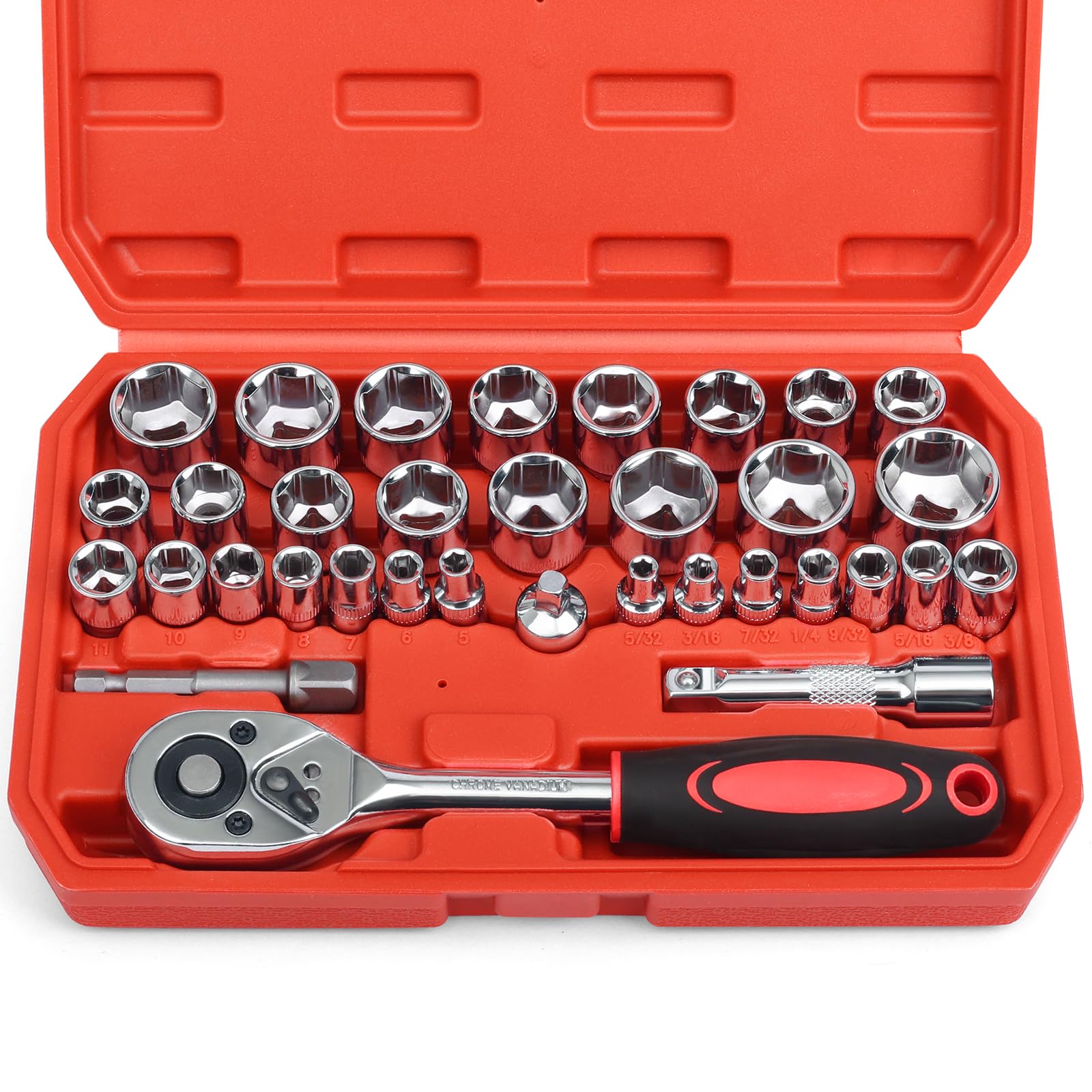 Egofine 34-Piece 3/8-Inch Drive Socket Ratchet Wrench Set - Metric & SAE Sockets with Extension Bar - Professional Auto Repair & Home Tool Kit (Includes Storage Case) - Perfect for Car Maintenance, DIY Projects, and Household Repairs