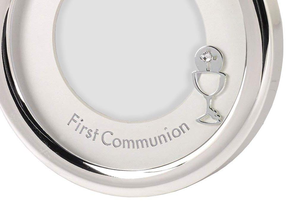 First Communion Silver Frame Keepsake - 5.5 Inch Round Tabletop Decor for Religious Celebrations