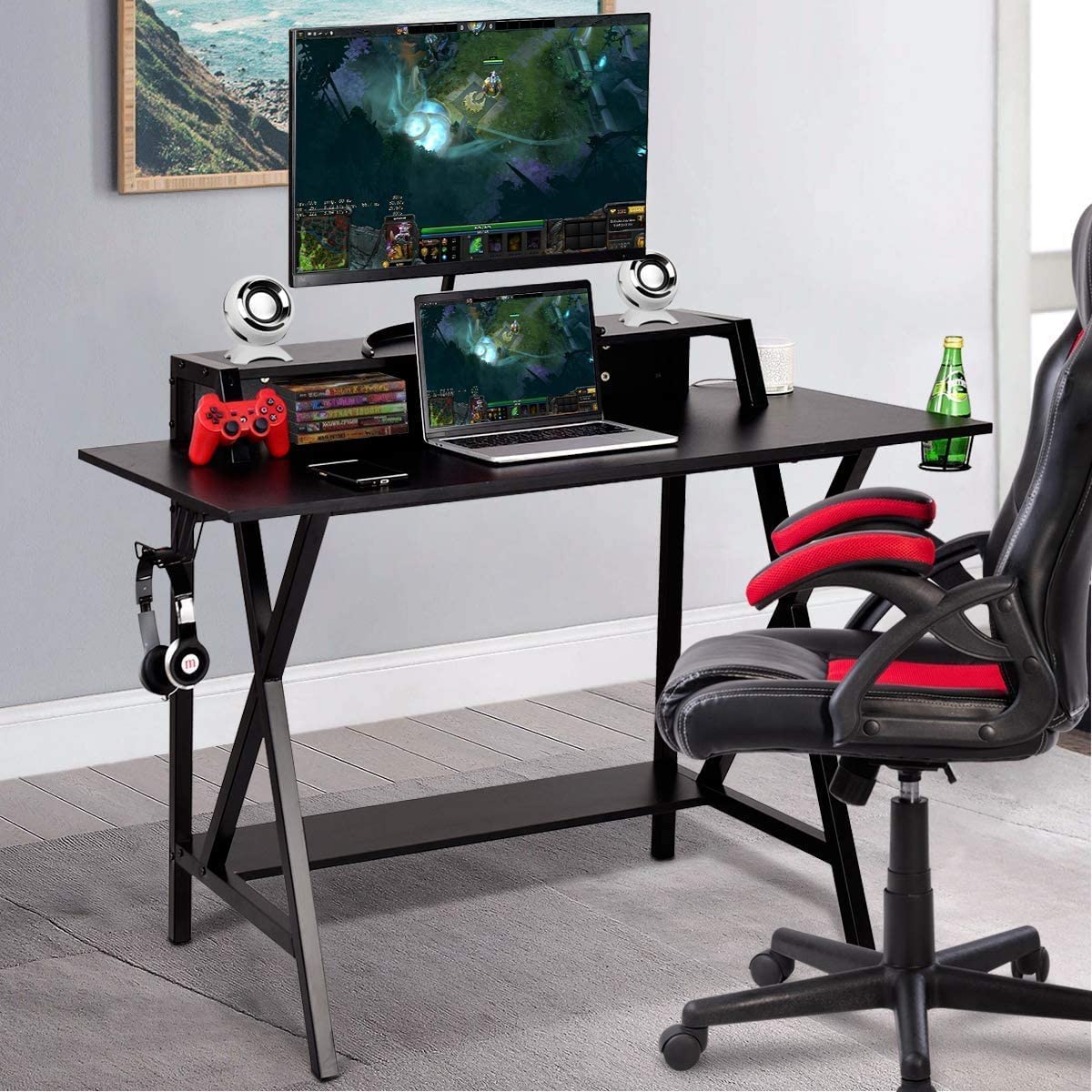BUSHLY Gaming Desk - 55 Inch Black Computer Desk with Cup Holder, Headphone Hook & Cable Management | Ergonomic Home Office Desk for Gamers & Professionals | Perfect for Streaming, Video Editing & Remote Work