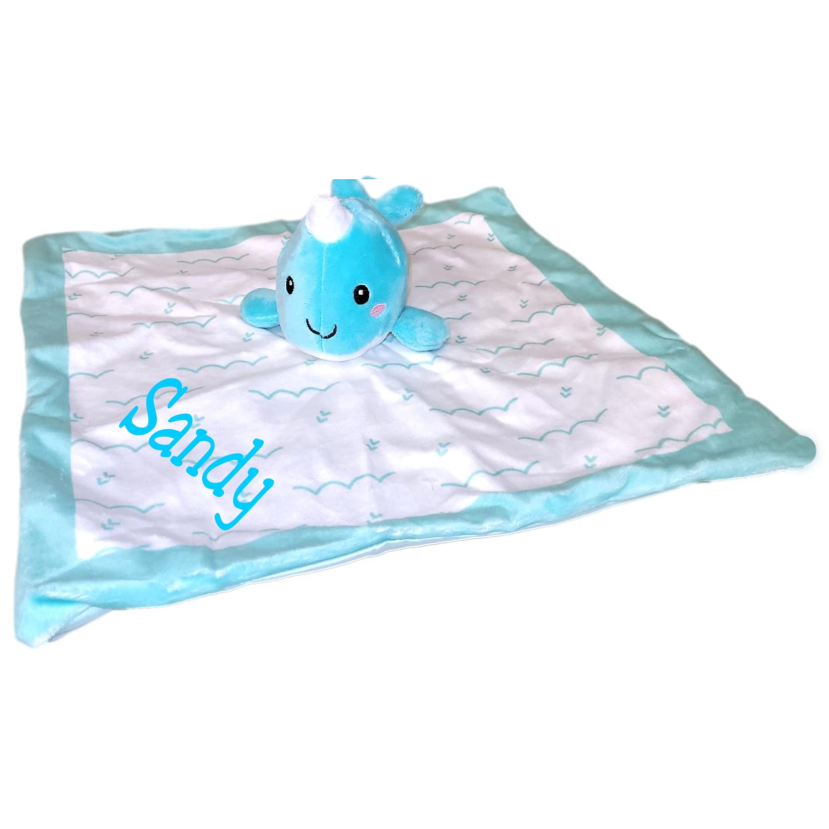 SONA G DESIGNS Personalized Baby Lovey Plush Security Blanket - Custom Embroidered Name, Aqua Narwhal, Elephant & Owl Designs for Infants, Toddlers & Newborns | Perfect Nursery Gift & Comfort Blanket for Sleep, Travel & Playtime