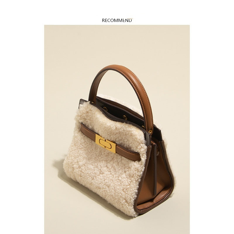 Premium Genuine Leather & Lamb Wool Winter Tote Bag - Women's Fashion Shoulder Bag & Crossbody Purse for Work, Travel & Daily Use