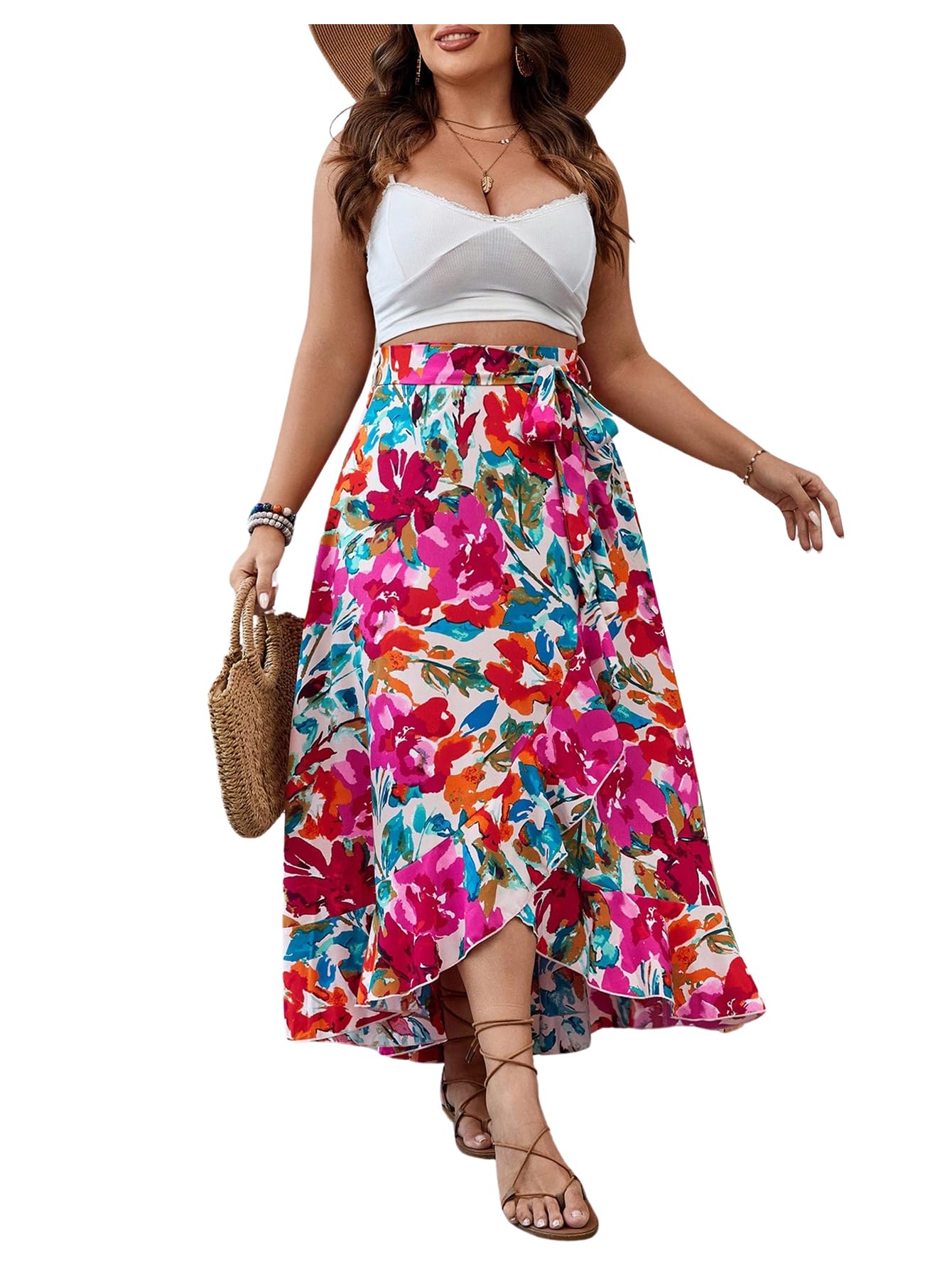 SOLY HUX Women's Plus Size Floral Print Wrap Skirt with Ruffle Trim & Belt - A-Line Long Summer Skirt for Casual Outings, Beach Vacations & Date Nights