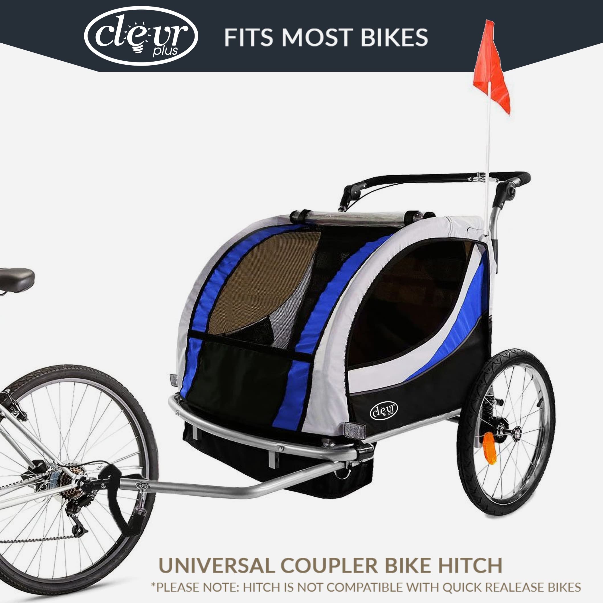 ClevrPlus Deluxe 3-in-1 Double Seat Bike Trailer & Jogging Stroller for Kids - Foldable Design with Pivot Front Wheel | Perfect for Cycling, Jogging & Outdoor Family Adventures