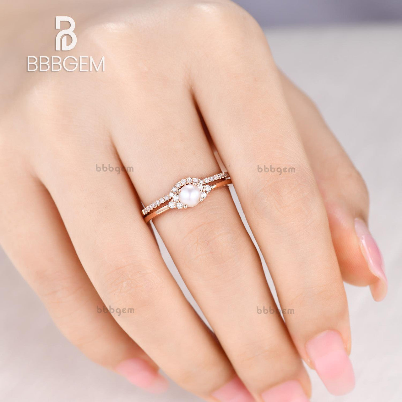 Rose Gold Pearl & Diamond Engagement Ring Set - Vintage Art Deco Bridal Stacking Rings for Women, Anniversary & Birthstone Gift (2-Piece Set) | Perfect for Weddings, Proposals & Special Occasions