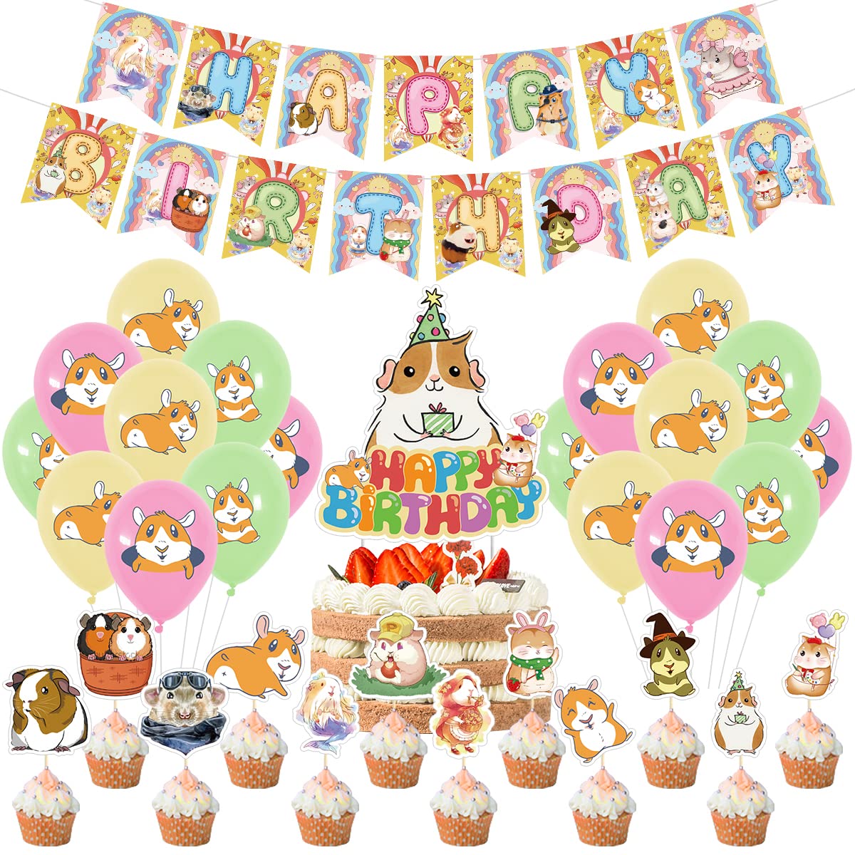 Guinea Pig Birthday Party Decorations Set - Balloons, Banners, Cupcake Toppers for Kids & Hamster Themed Parties - Perfect for Children's Birthday Celebrations & Pet Lover Gatherings
