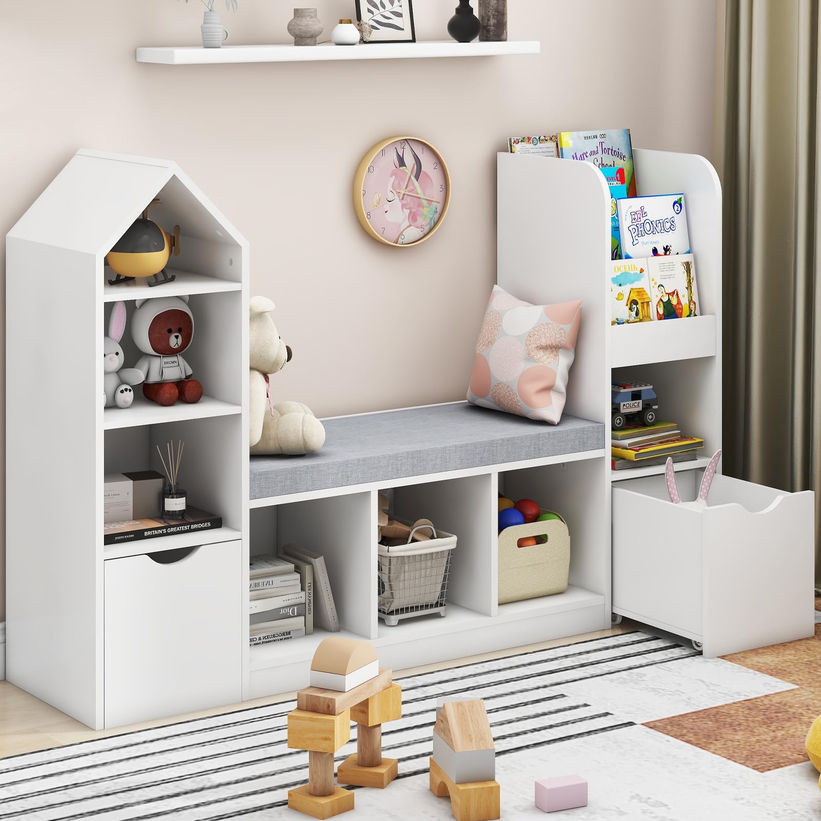 Multifunctional Kids Bookcase with Reading Nook - 7 Storage Cubbies & 2 Movable Drawers - Toy Organizer with Seat Cushion for Children's Bedroom & Playroom - Perfect for Storytime, Reading Corner & Toy Storage