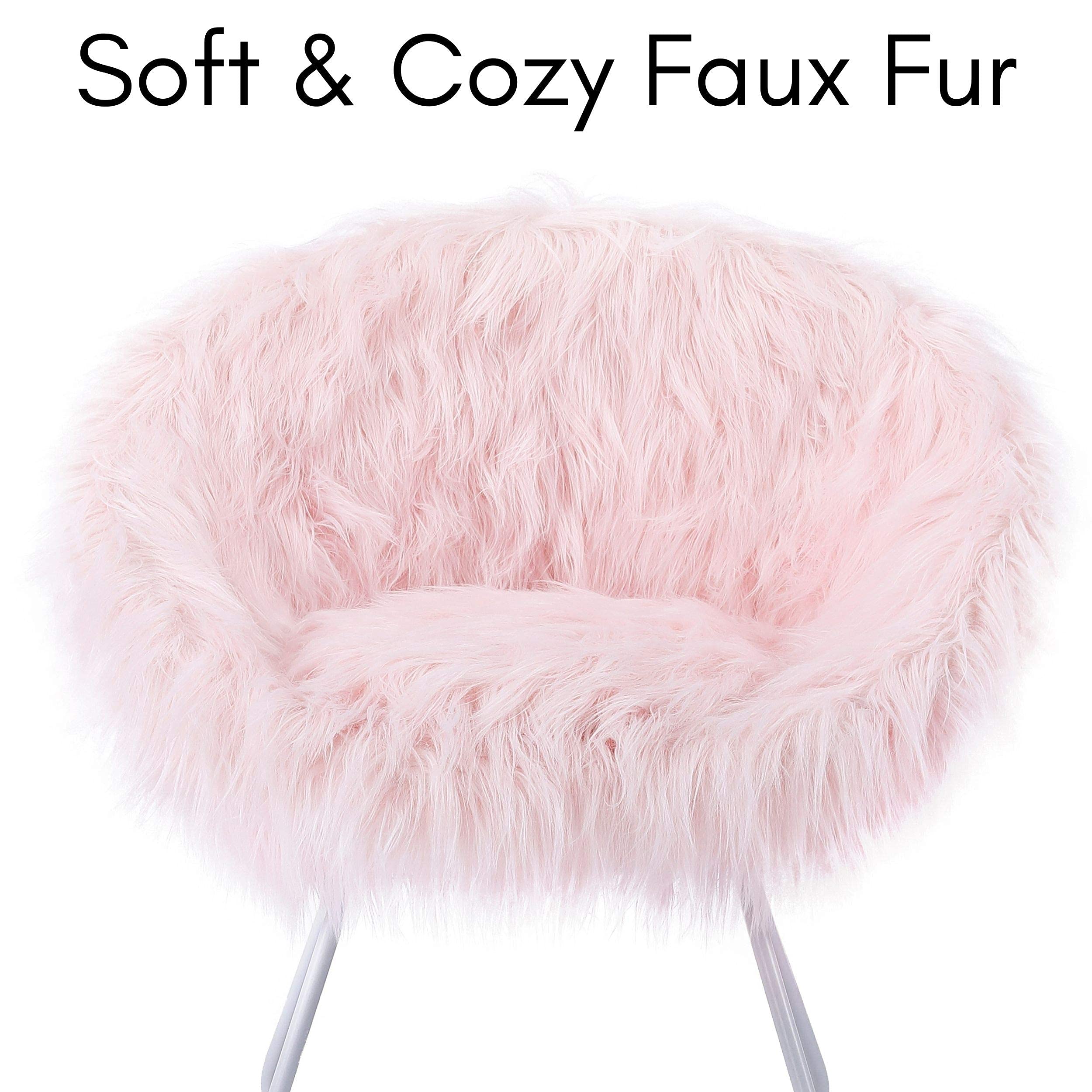 Luxury Faux Fur Papasan Chair with Black Metal Legs - Ultra Soft & Lightweight Round Moon Chair - Wide Fluffy Cushion Seat for Living Room, Bedroom, Playroom or Dorm - Pink Circle Accent Chair for Cozy Reading Nook & Relaxation Space