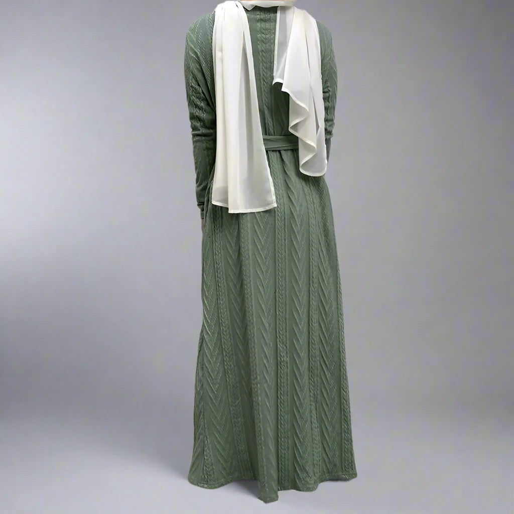 Elegant Winter Knit Open Front Cardigan Abaya Dress for Muslim Women - Pockets Included | Perfect for Prayer, Modest Fashion & Layering