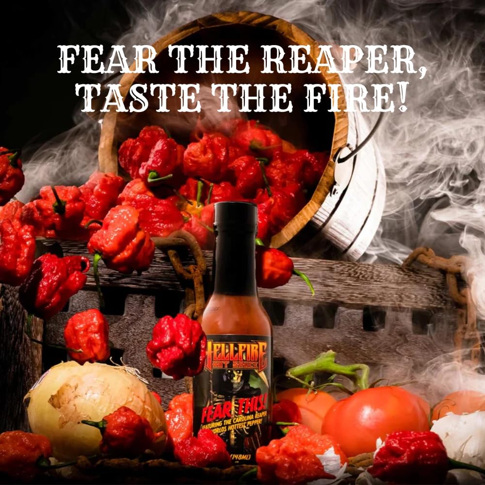 Hellfire Fear This! Award Winning Carolina Reaper Hot Sauce - 5oz Bottle (148ml) - World's Hottest Pepper Sauce for Wings, Tacos, Burgers & Spicy Food Lovers