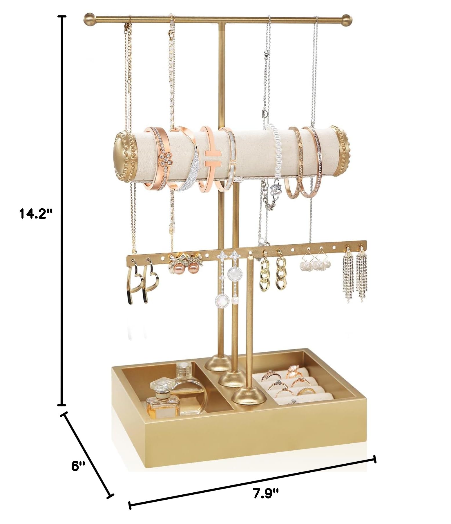 3-Tier Gold Jewelry Organizer Stand - Necklace, Earring, Bracelet & Ring Holder Display Tower | Perfect for Bedroom Vanity, Closet Organization & Jewelry Store Display