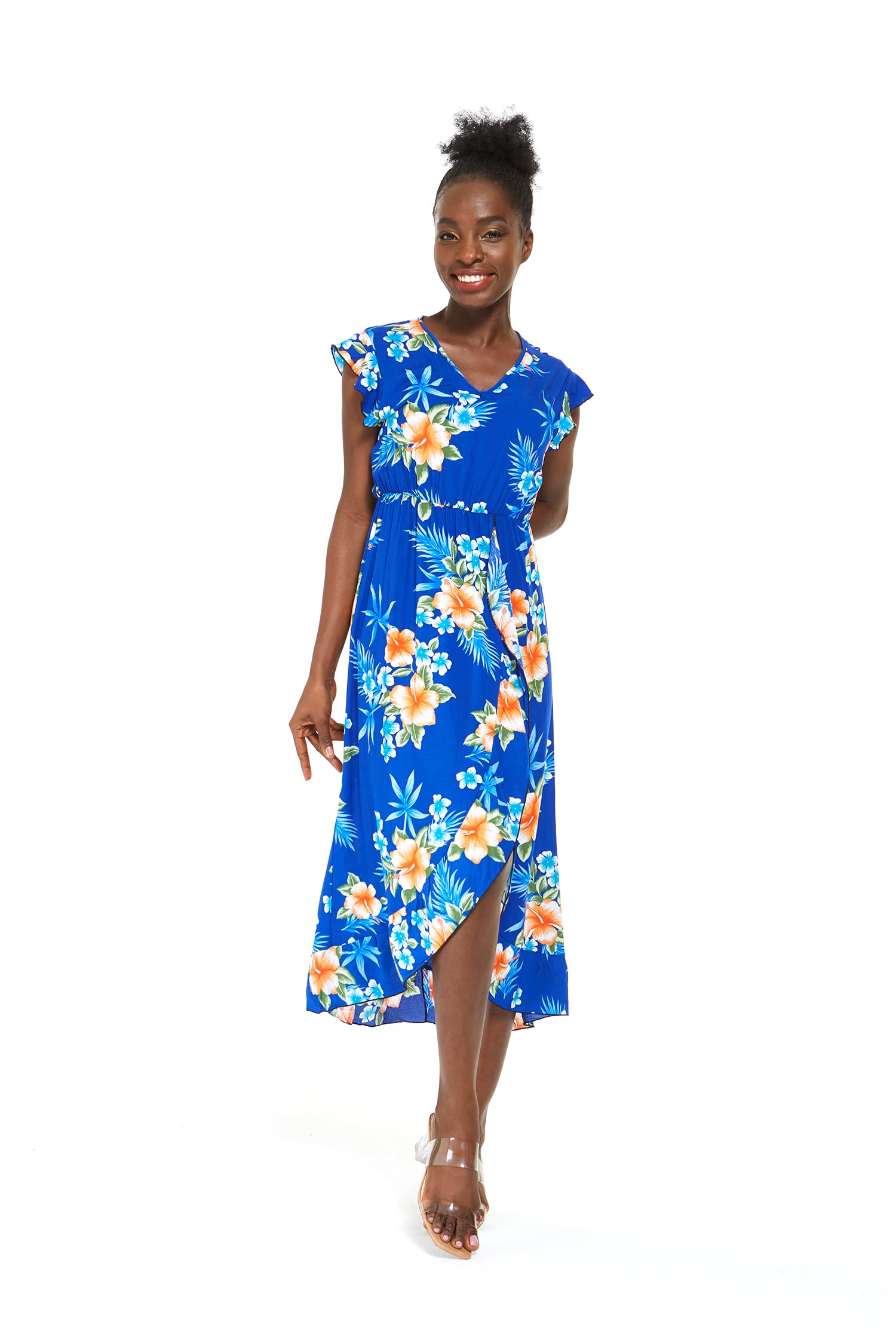 Hawaiian Luau Wrap Ruffle Dress for Women - Floral Hibiscus Vine Print Summer Beach Dress for Vacation, Party & Tropical Getaway