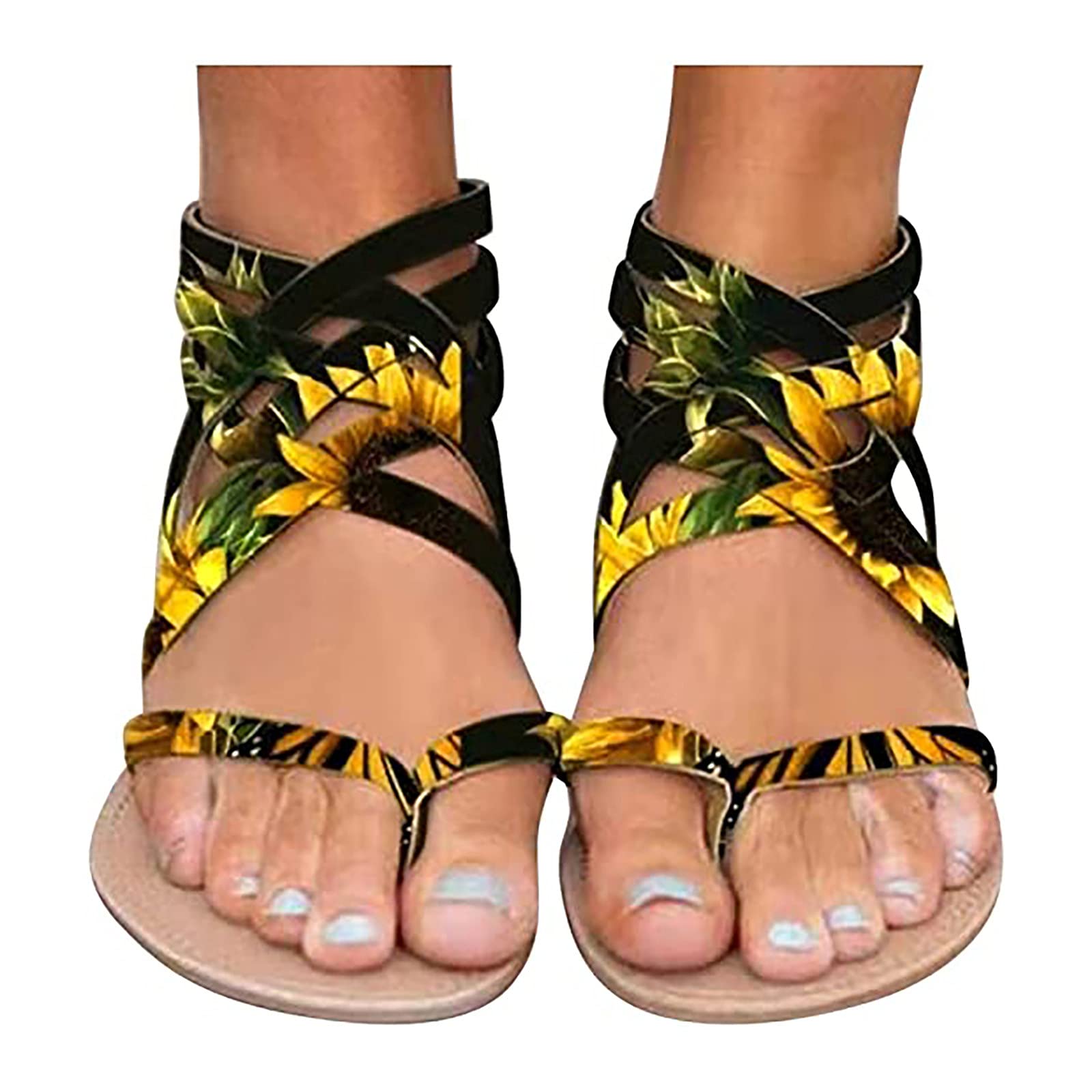 **Hatoys Women's Bohemian Sunflower Strap Sandals – Flat Ankle Strap Flip Flops for Summer, Low Heel Beach Sandals – Perfect for Casual Outings, Vacations & Beach Getaways**