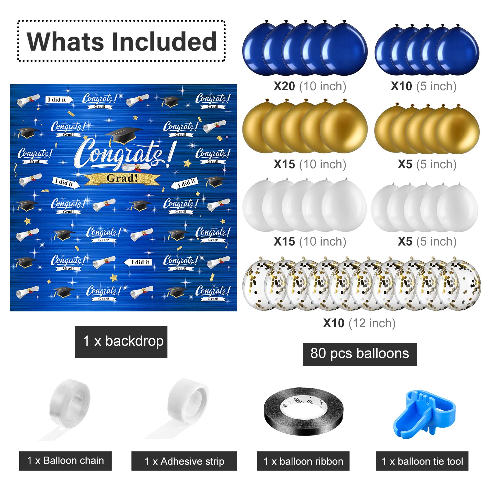 Graduation Party Decorations Kit - Congrats Grad Backdrop, Balloons, Garland & Arch for Adults & Kids - Navy Blue & Gold - Perfect for Graduation Ceremonies, Photo Booths & Home Celebrations