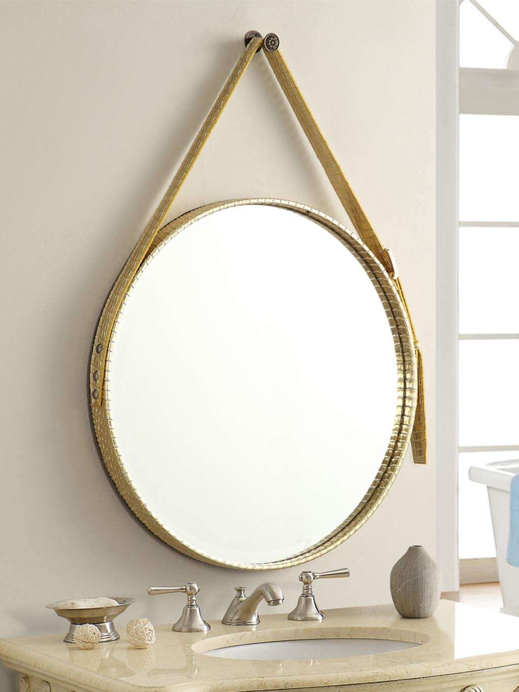 Black Round Wall Mirror with Leather Strap - Modern Hanging Decor for Bedroom, Bathroom & Living Room - Perfect for Vanity, Entryway & Home Styling