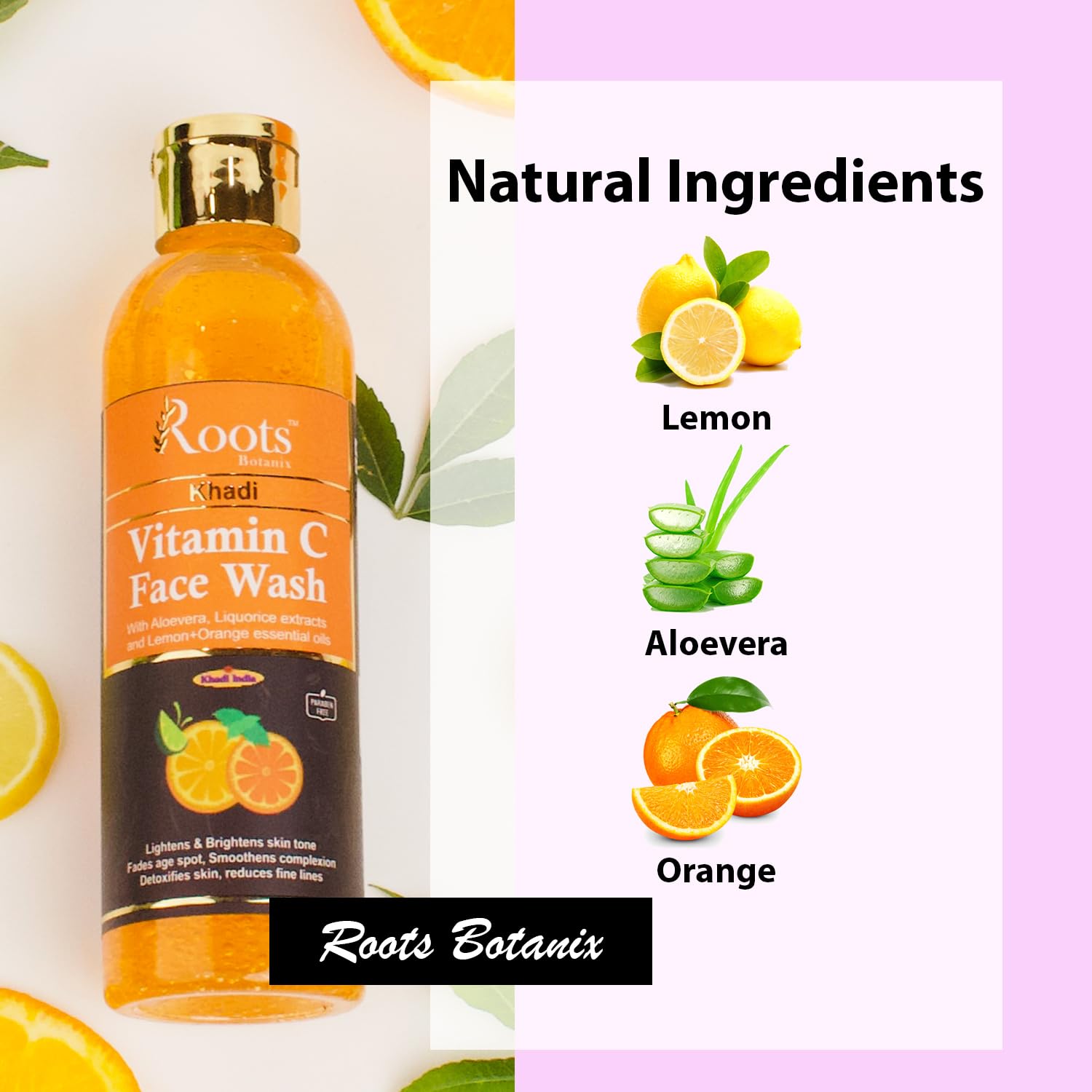 Roots Botanix Vitamin C Face Wash for Glowing Skin - Brightening & De-Tan Cleanser | Anti-Pollution & Pimple Control | Orange Liquid Soap (200ml, Pack of 2) | Perfect for Daily Skincare Routine & Morning Refresh