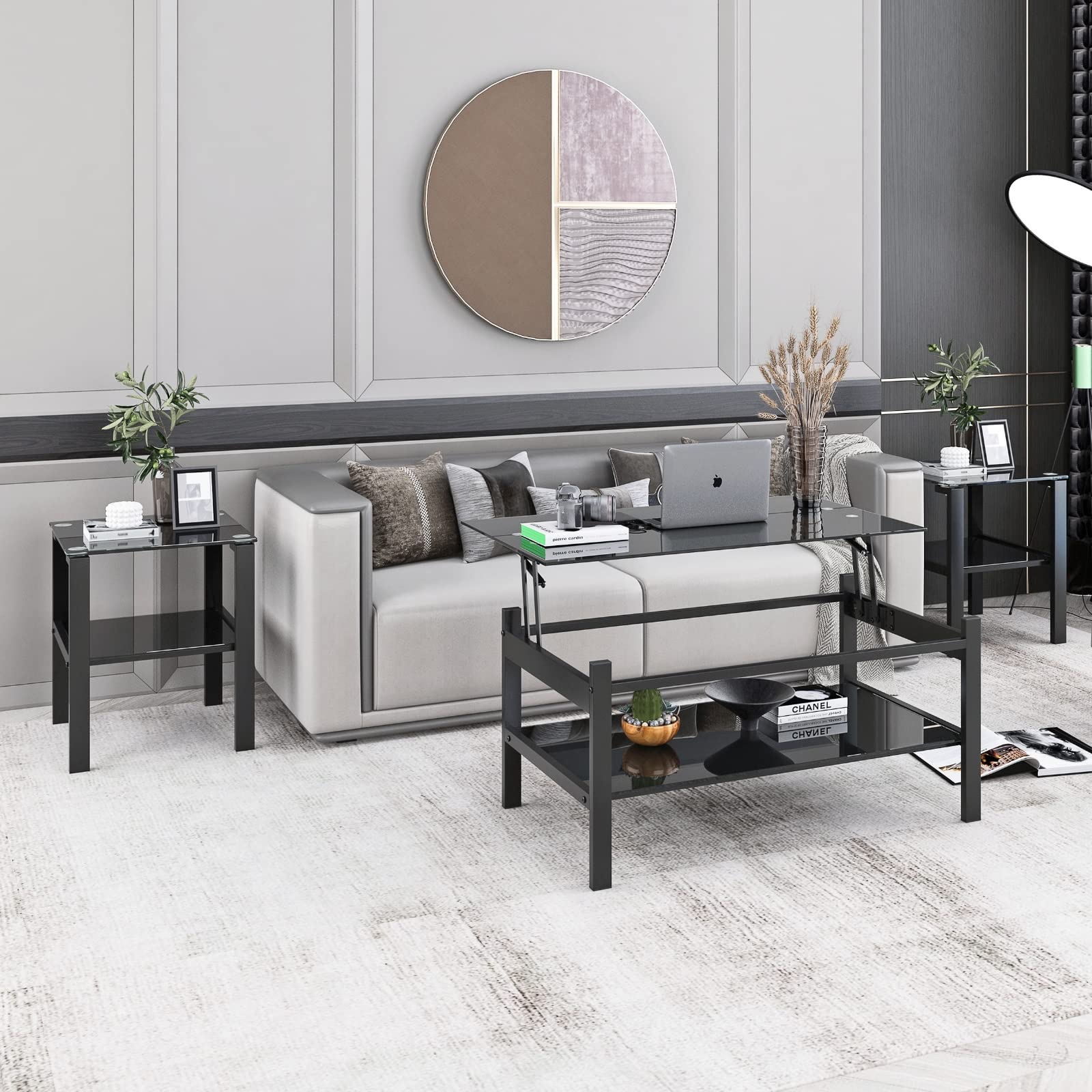 Lift Top Coffee Table Set of 3 Pieces - Black Glass Modern Living Room Furniture with Storage, Coffee Table & End Tables - Perfect for Small Spaces, Apartments & Home Decor