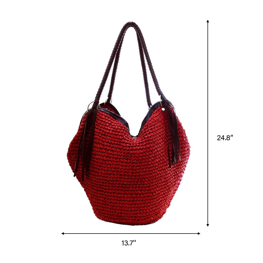 Boho Straw Shoulder Bag with Leather Tassels - Summer Beach Tote for Women