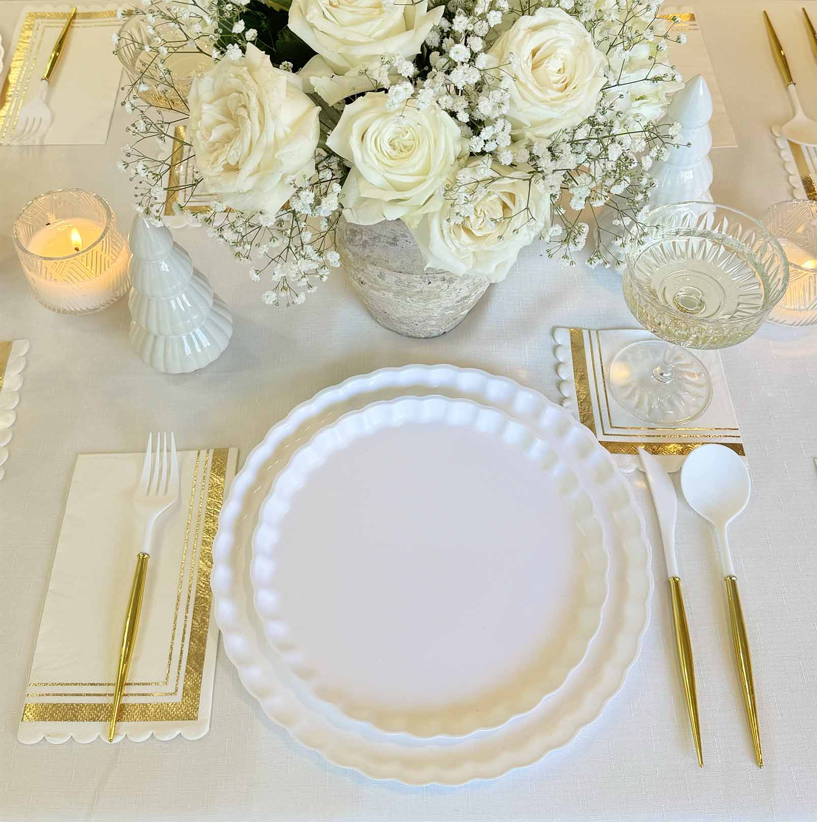 Eco-Friendly White and Gold Table Setting for Weddings, Parties & Formal Dining - Sustainable Dinnerware Set