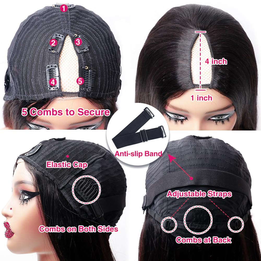Glueless V Part Wig - 180% Density 30 Inch Brazilian Virgin Human Hair - Straight Clip In Half Wig for Black Women - No Leave Out Full Head U Part Wig - Perfect for Daily Wear, Special Occasions & Protective Styling