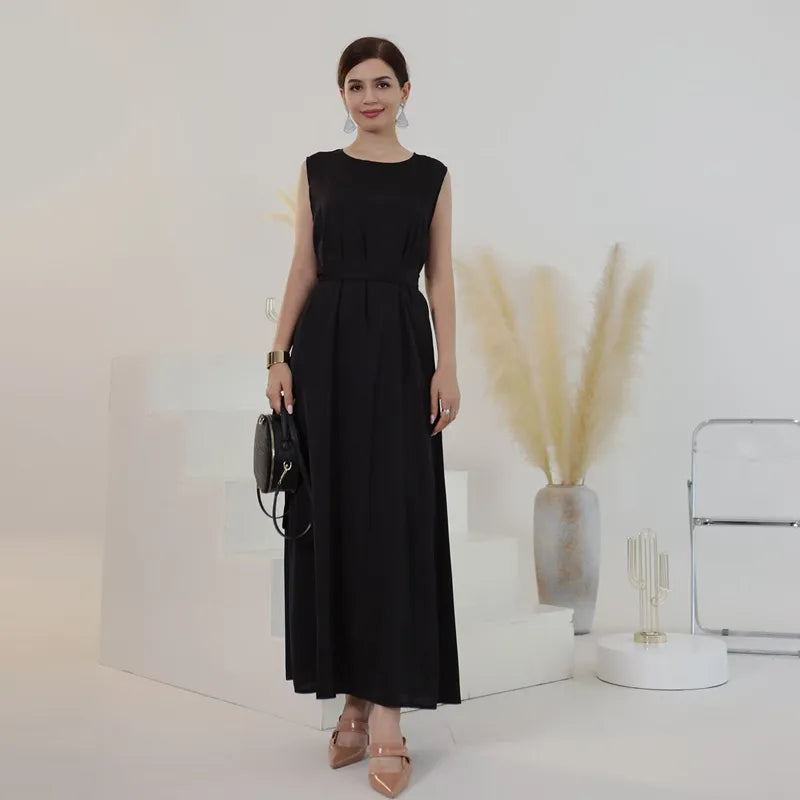 2 Piece Beaded Sleeve Satin Open Abaya Dress Set with Inner Sleeveless Dress - Elegant Muslim Prayer Dress for Women, Perfect for Eid, Ramadan, and Special Occasions