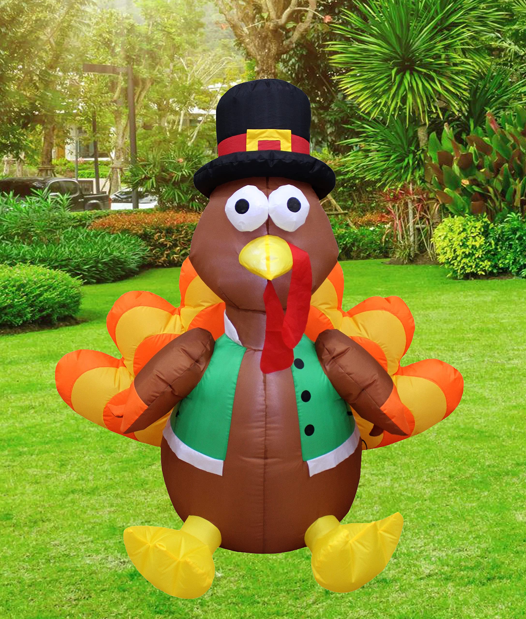 Thanksgiving & Birthday Party Decorations Bundle - 4ft Inflatable Turkey with Pilgrim Hat & 6ft Inflatable Birthday Cake with 4 Candles - Perfect for Outdoor Yard Decor, Holiday Celebrations & Family Gatherings